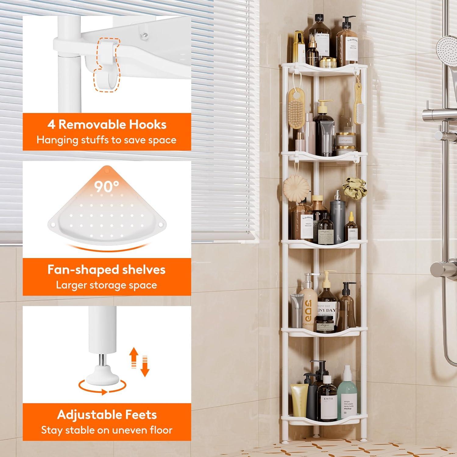 image:imageLifewit Floor Standing Shower Caddy Corner 4 Tier Plastic Shower Stand Rack with Adjustable Feet and Hooks Rustproof Bathroom Shelf Organizer 422 H BlackWhite