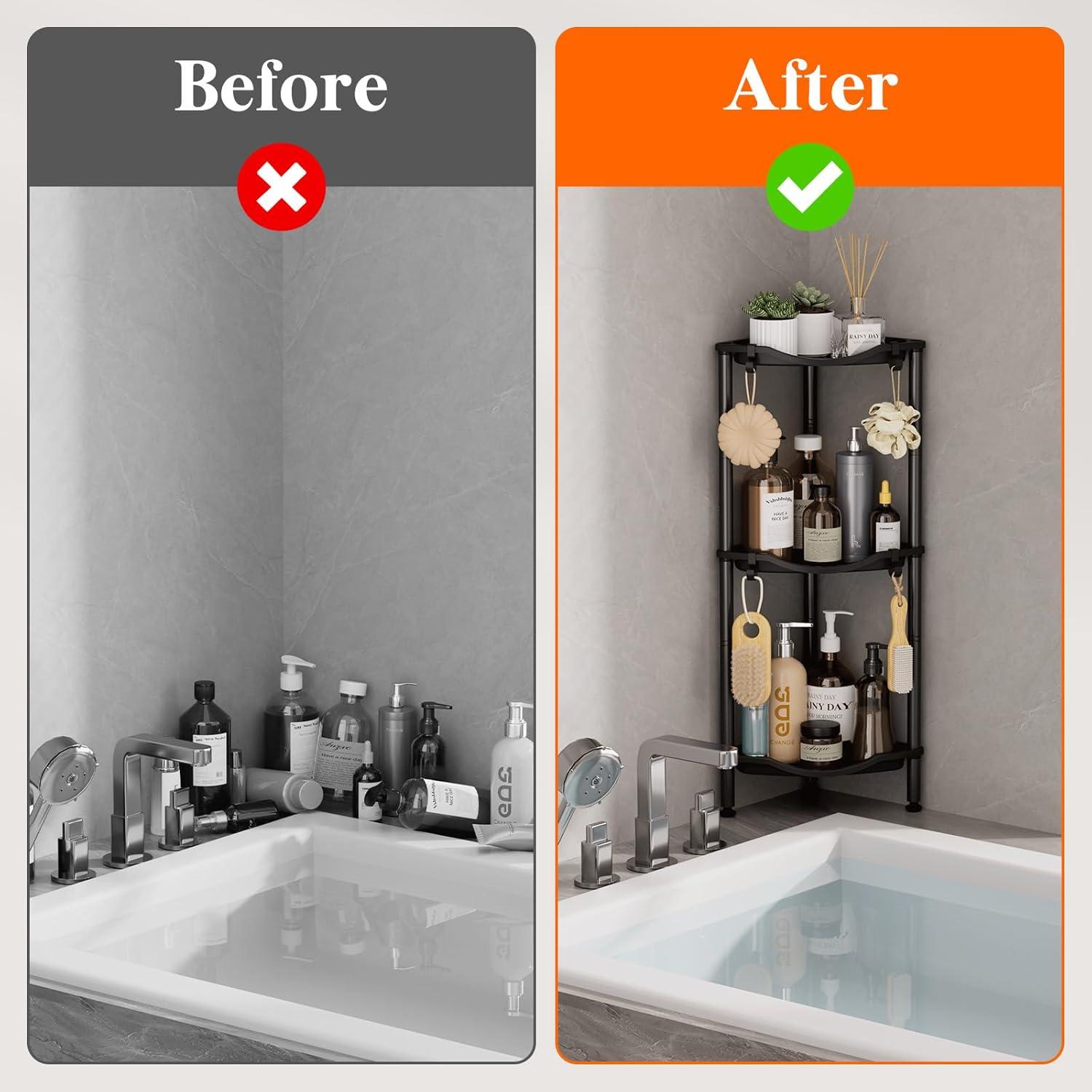 image:imageLifewit Floor Standing Shower Caddy Corner 4 Tier Plastic Shower Stand Rack with Adjustable Feet and Hooks Rustproof Bathroom Shelf Organizer 422 H BlackBlack