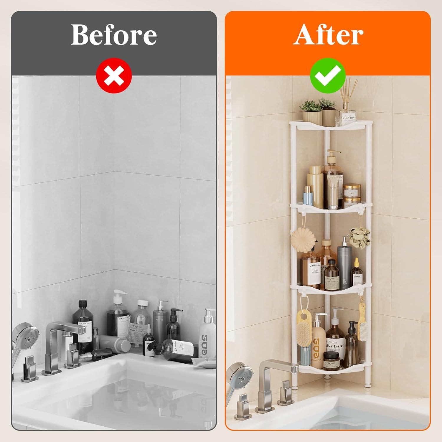image:imageLifewit Floor Standing Shower Caddy Corner 4 Tier Plastic Shower Stand Rack with Adjustable Feet and Hooks Rustproof Bathroom Shelf Organizer 422 H BlackWhite
