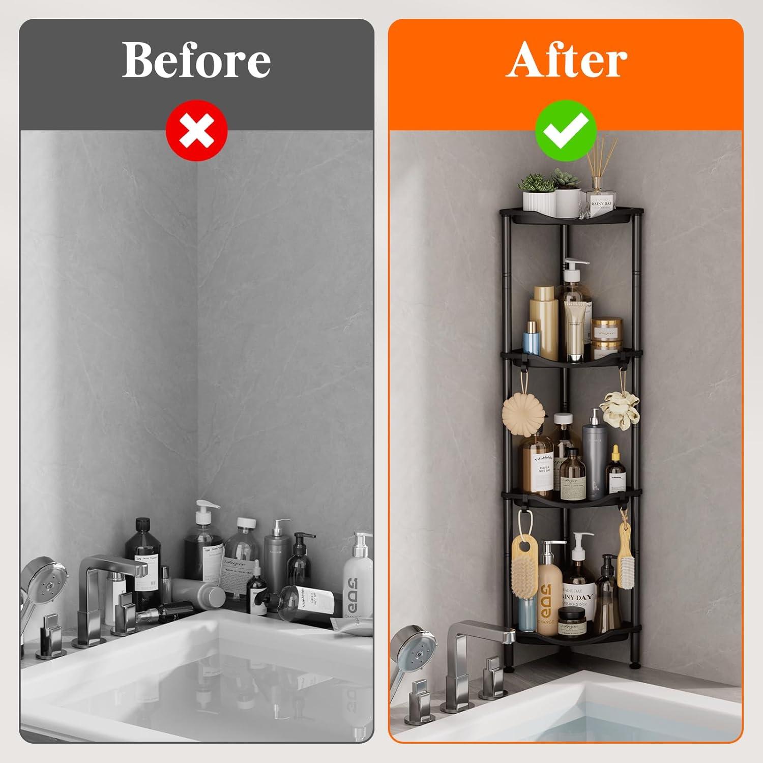 image:imageLifewit Floor Standing Shower Caddy Corner 4 Tier Plastic Shower Stand Rack with Adjustable Feet and Hooks Rustproof Bathroom Shelf Organizer 422 H BlackBlack