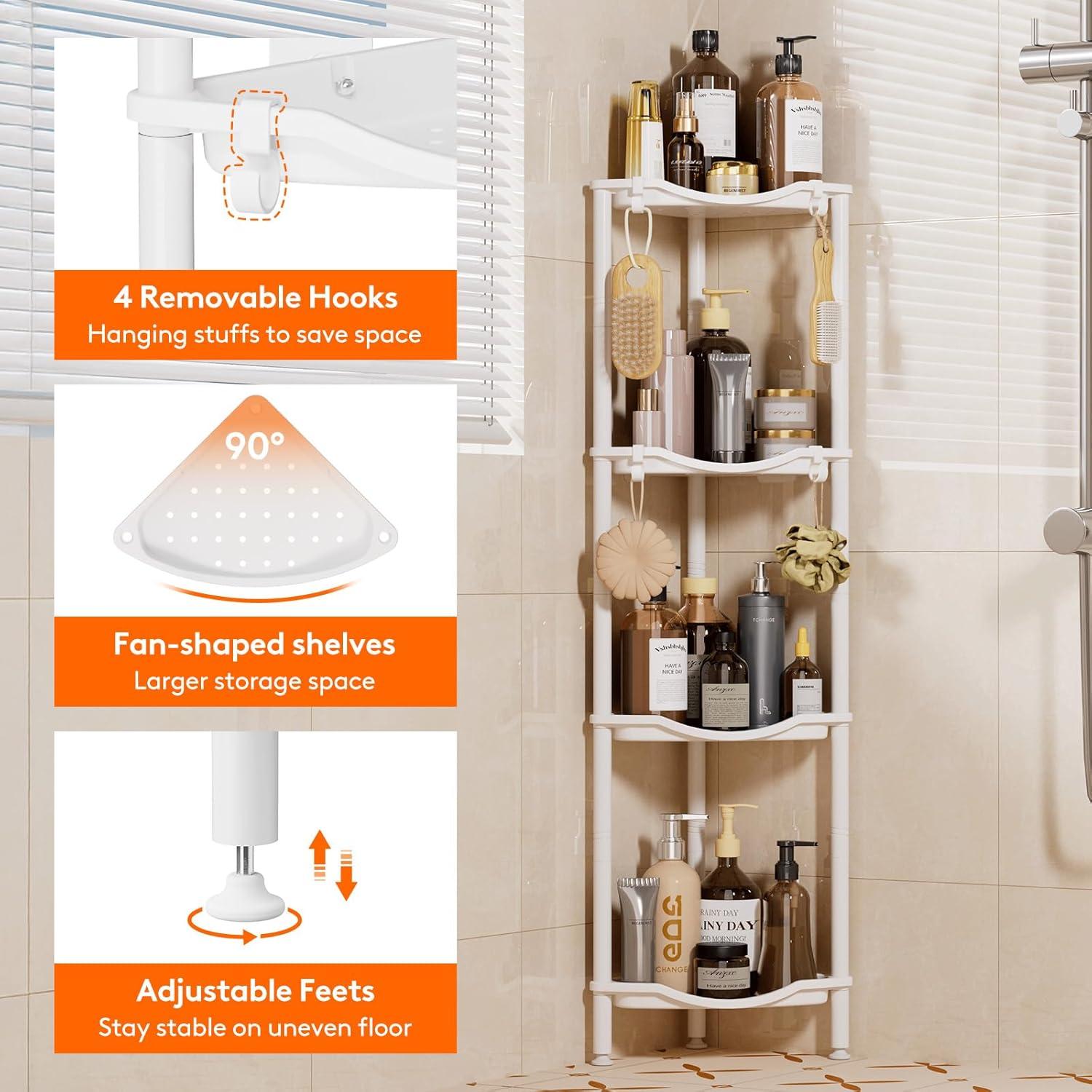 image:imageLifewit Floor Standing Shower Caddy Corner 4 Tier Plastic Shower Stand Rack with Adjustable Feet and Hooks Rustproof Bathroom Shelf Organizer 422 H BlackWhite