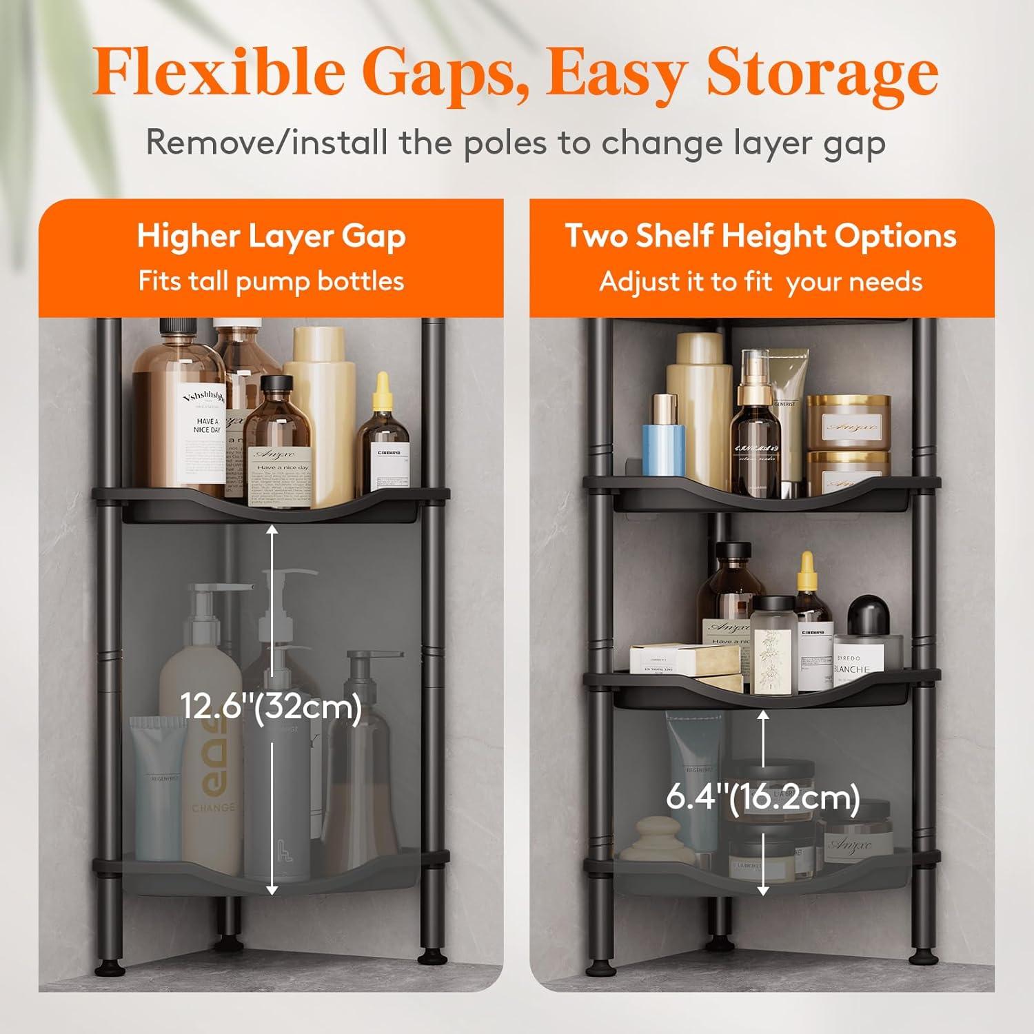 image:imageLifewit Floor Standing Shower Caddy Corner 4 Tier Plastic Shower Stand Rack with Adjustable Feet and Hooks Rustproof Bathroom Shelf Organizer 422 H BlackBlack