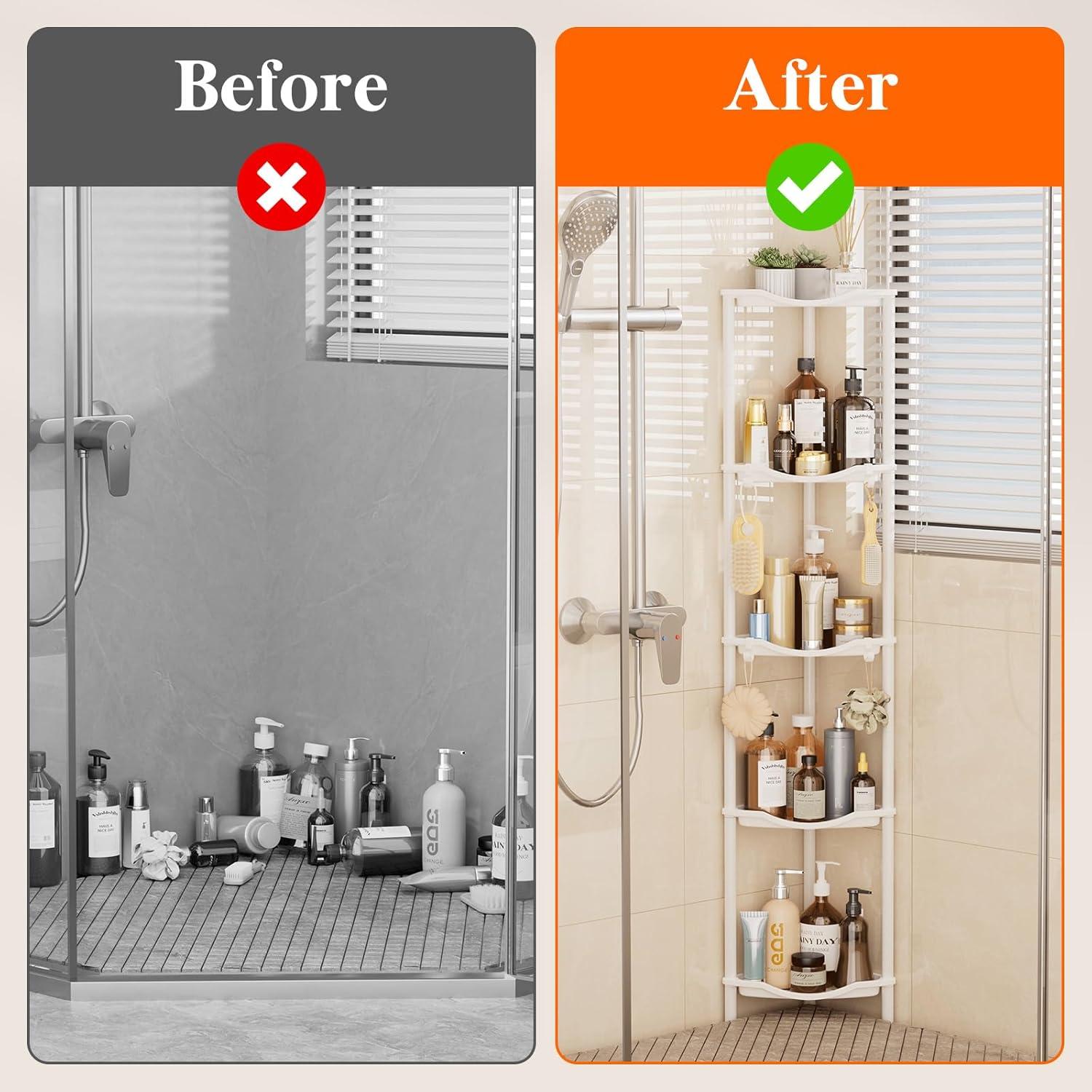 image:imageLifewit Floor Standing Shower Caddy Corner 4 Tier Plastic Shower Stand Rack with Adjustable Feet and Hooks Rustproof Bathroom Shelf Organizer 422 H BlackWhite