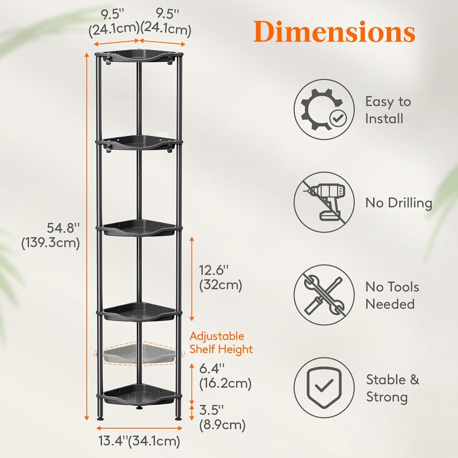 image:imageLifewit Floor Standing Shower Caddy Corner 4 Tier Plastic Shower Stand Rack with Adjustable Feet and Hooks Rustproof Bathroom Shelf Organizer 422 H BlackBlack