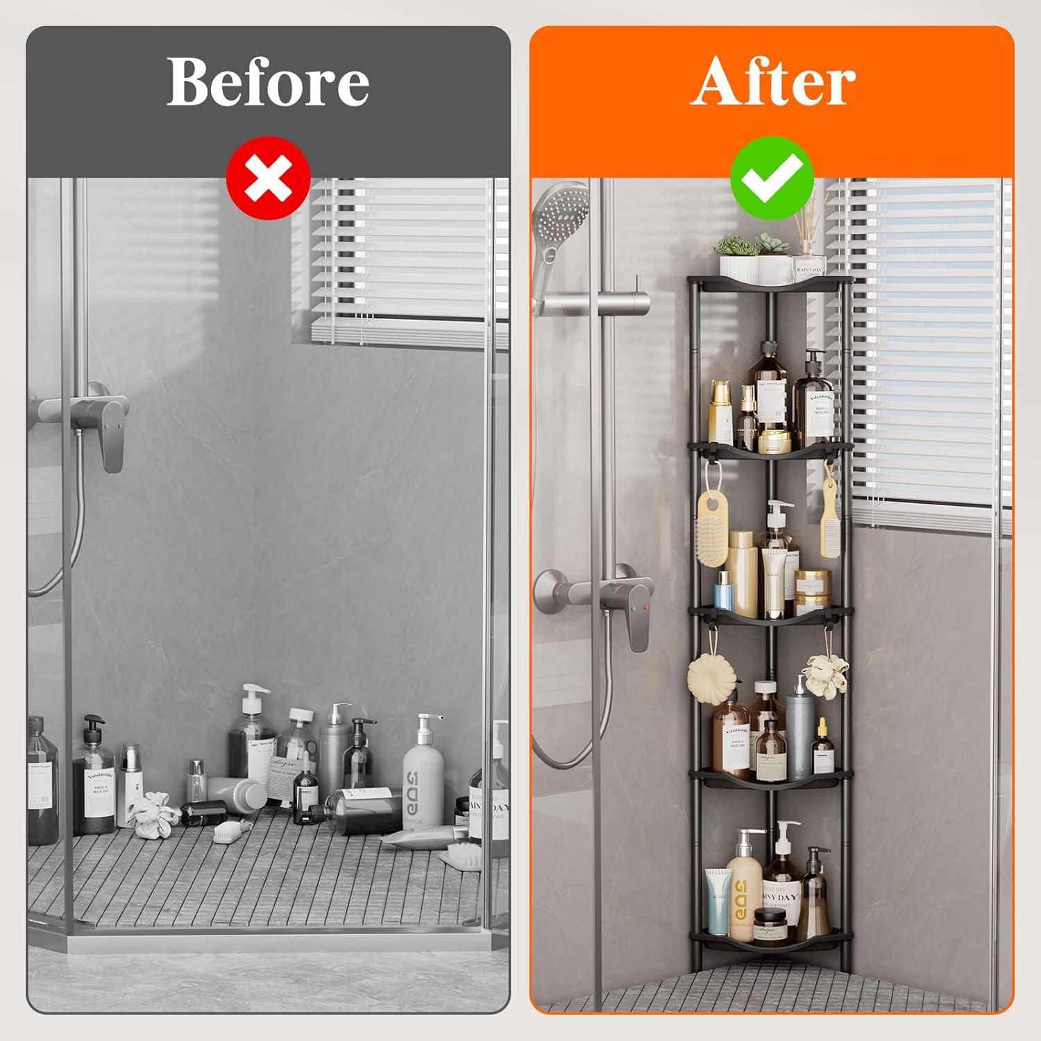 image:imageLifewit Floor Standing Shower Caddy Corner 4 Tier Plastic Shower Stand Rack with Adjustable Feet and Hooks Rustproof Bathroom Shelf Organizer 422 H BlackBlack
