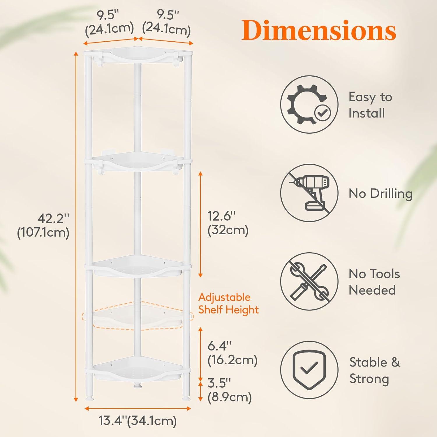 image:imageLifewit Floor Standing Shower Caddy Corner 4 Tier Plastic Shower Stand Rack with Adjustable Feet and Hooks Rustproof Bathroom Shelf Organizer 422 H BlackWhite