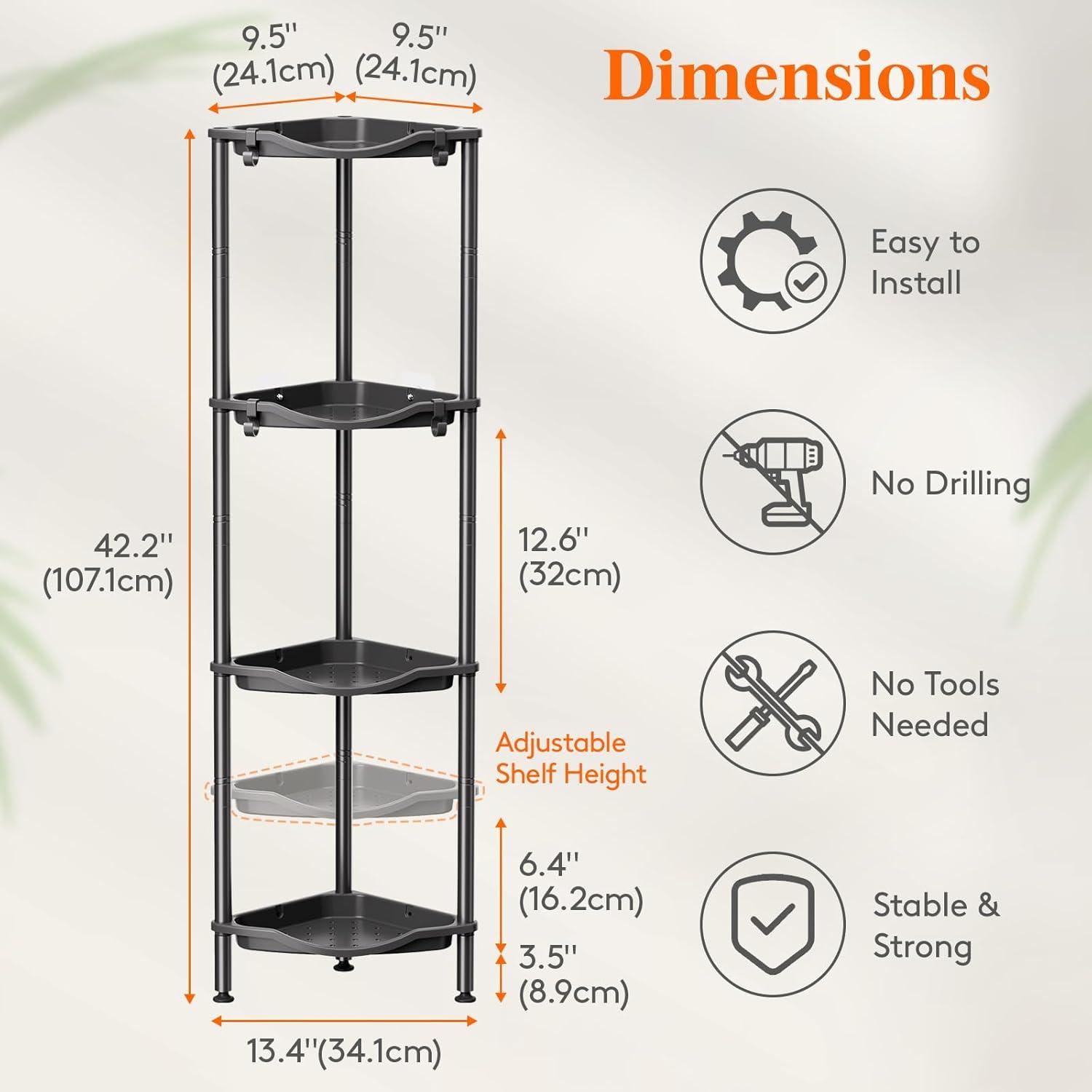 image:imageLifewit Floor Standing Shower Caddy Corner 4 Tier Plastic Shower Stand Rack with Adjustable Feet and Hooks Rustproof Bathroom Shelf Organizer 422 H BlackBlack