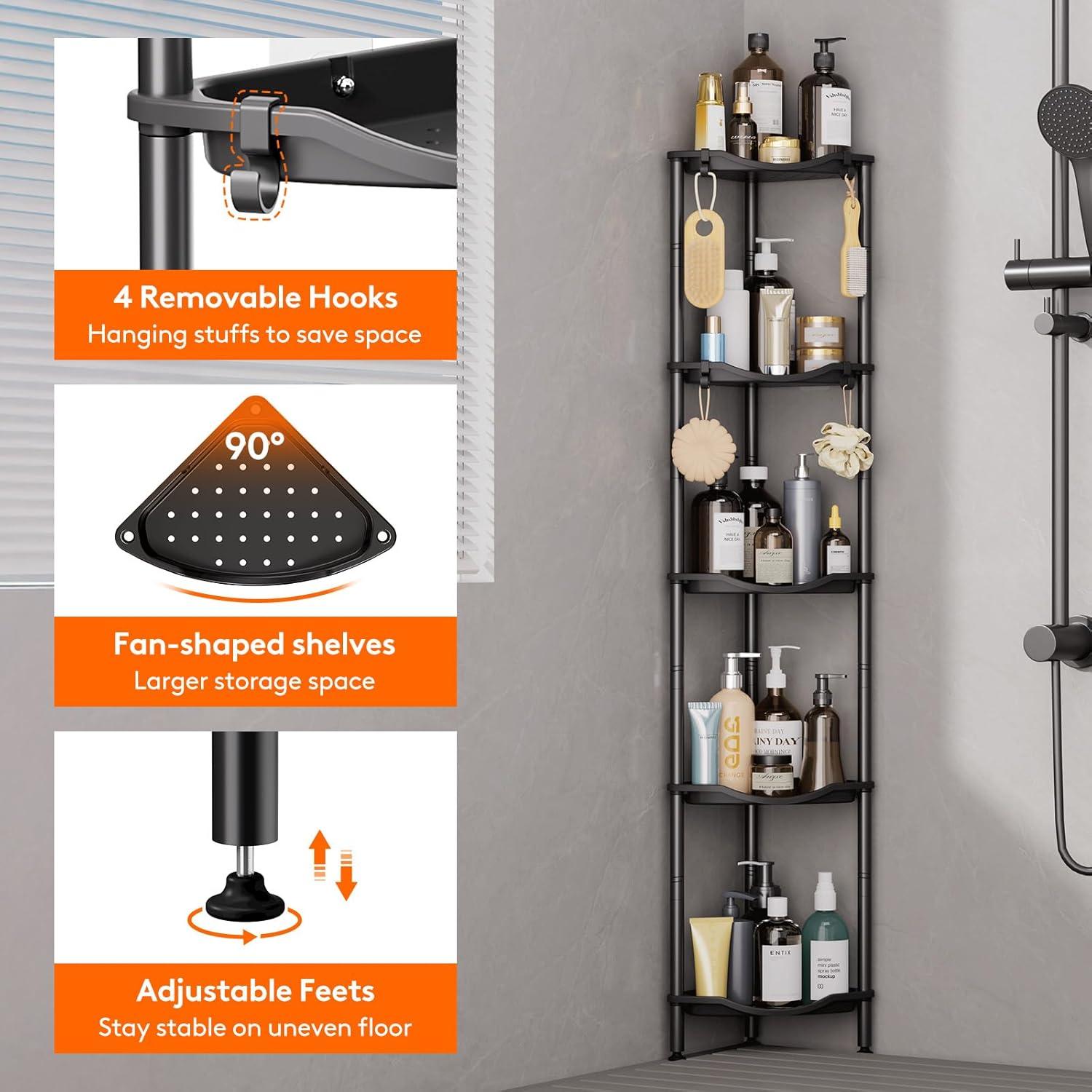 image:imageLifewit Floor Standing Shower Caddy Corner 4 Tier Plastic Shower Stand Rack with Adjustable Feet and Hooks Rustproof Bathroom Shelf Organizer 422 H BlackBlack