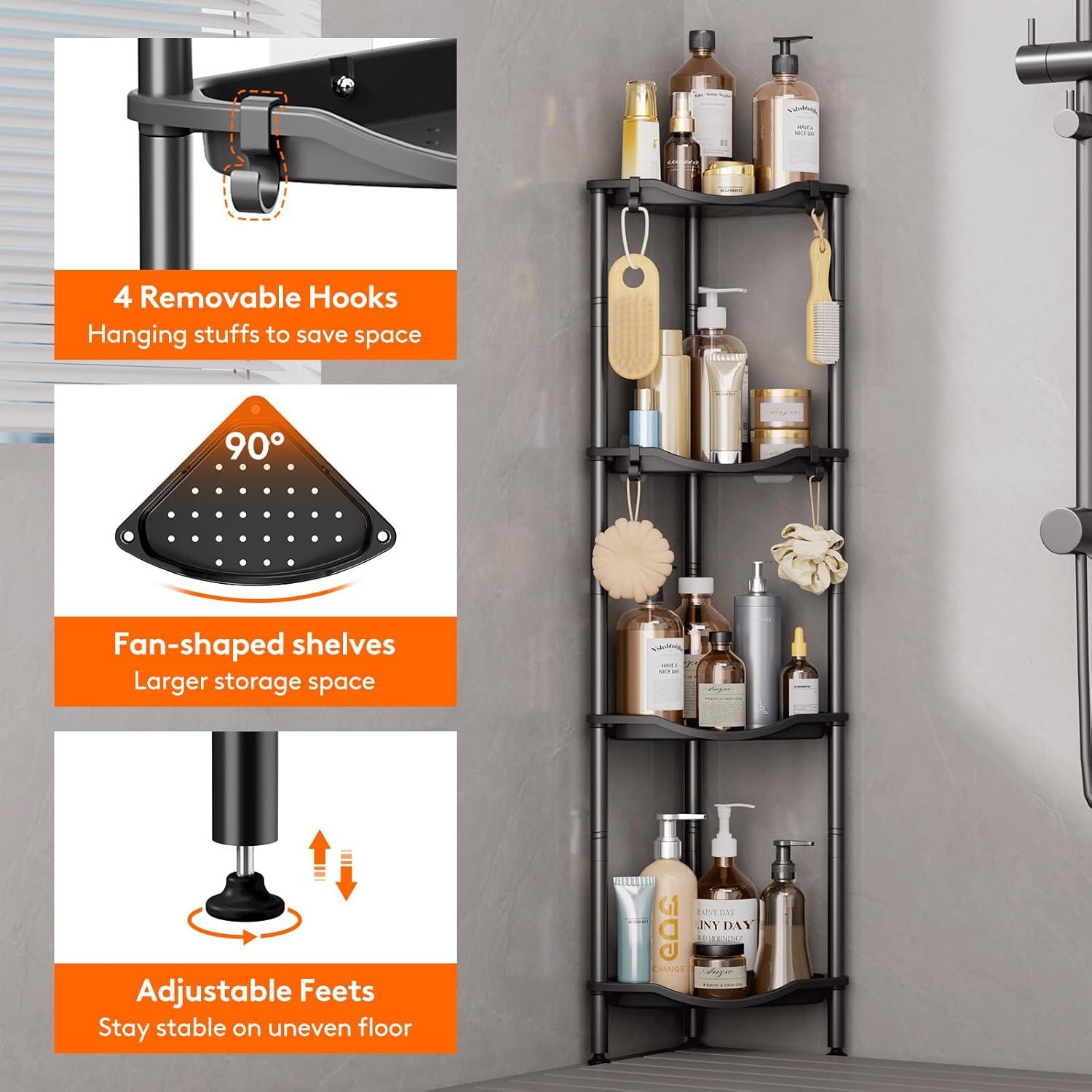 image:imageLifewit Floor Standing Shower Caddy Corner 4 Tier Plastic Shower Stand Rack with Adjustable Feet and Hooks Rustproof Bathroom Shelf Organizer 422 H BlackBlack