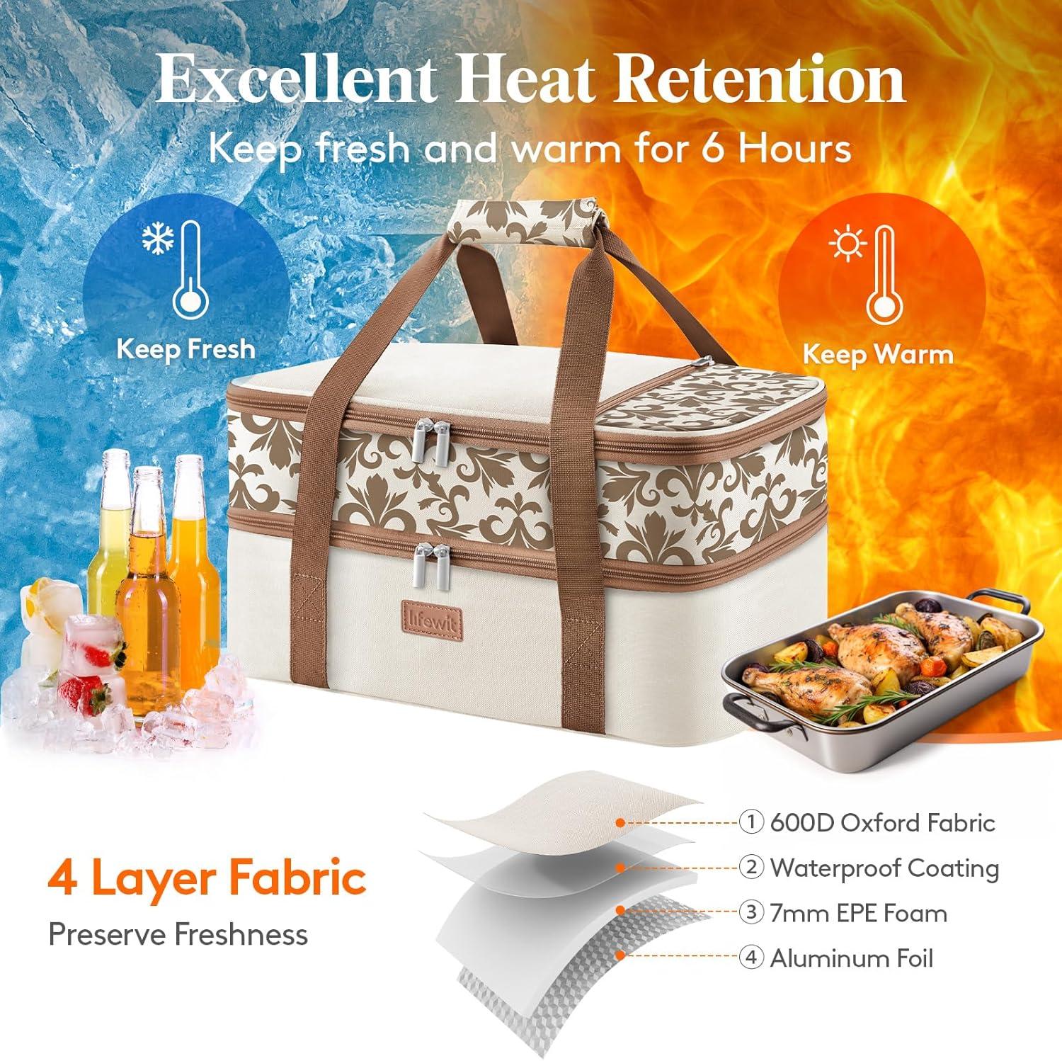 image:imageLifewit Insulated Single Decker Casserole Carrier for Hot or Cold Food Lasagna Lugger Holder Fits 9 x 13 Baking Dish Thermal Lunch Tote Bag for Potluck Parties Picnic and Cookouts GreyBeige