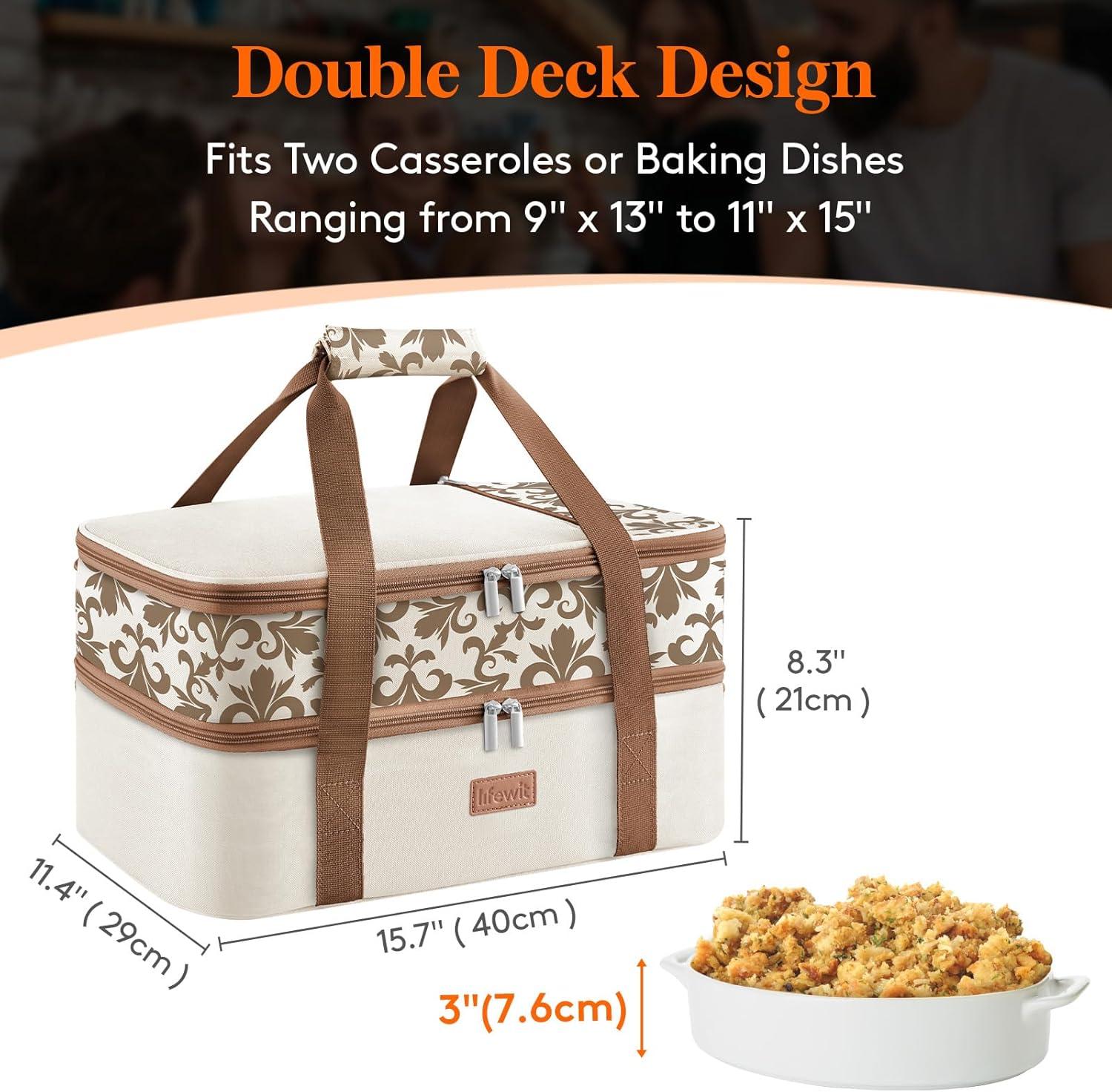 image:imageLifewit Insulated Single Decker Casserole Carrier for Hot or Cold Food Lasagna Lugger Holder Fits 9 x 13 Baking Dish Thermal Lunch Tote Bag for Potluck Parties Picnic and Cookouts GreyBeige