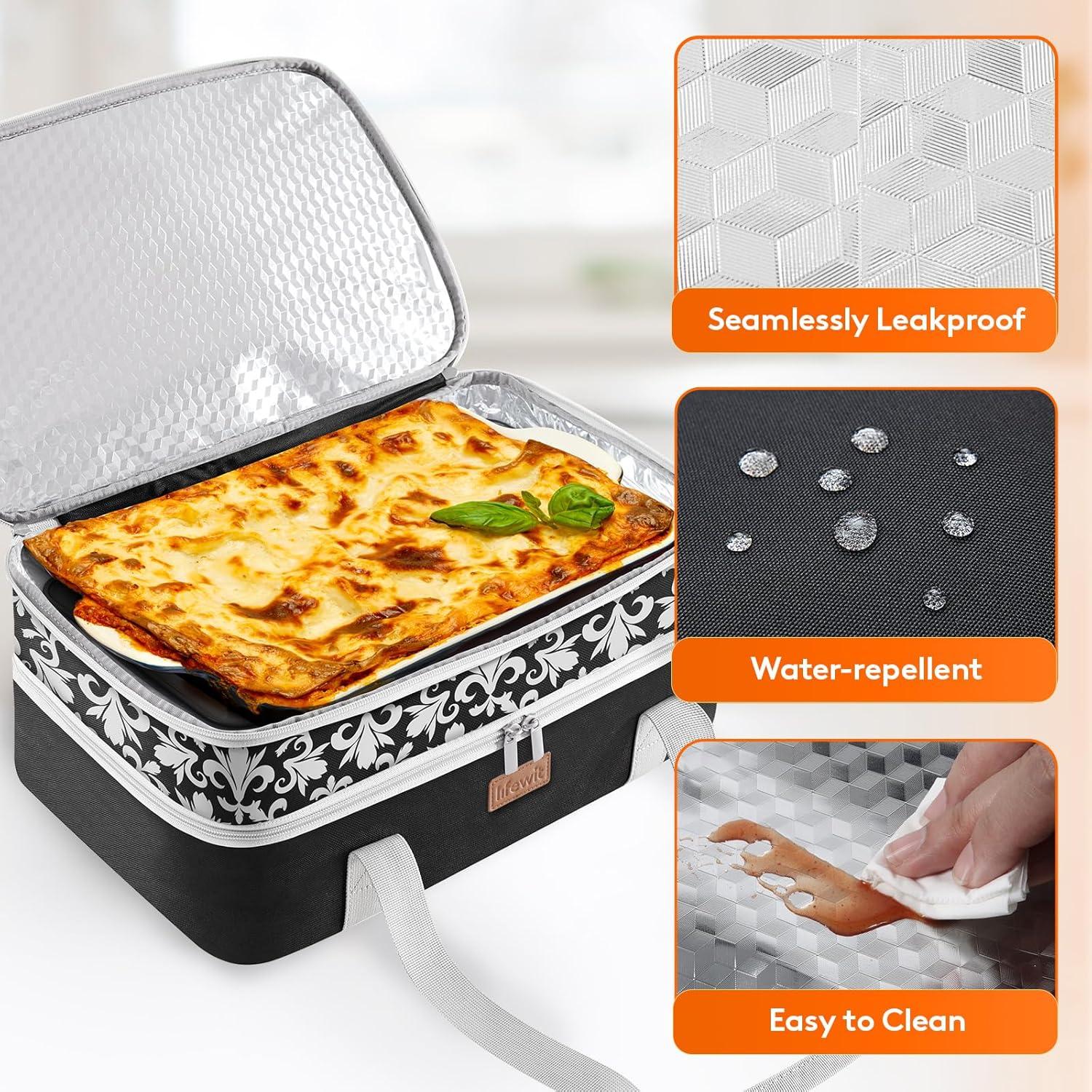 image:imageLifewit Insulated Single Decker Casserole Carrier for Hot or Cold Food Lasagna Lugger Holder Fits 9 x 13 Baking Dish Thermal Lunch Tote Bag for Potluck Parties Picnic and Cookouts GreyBlack