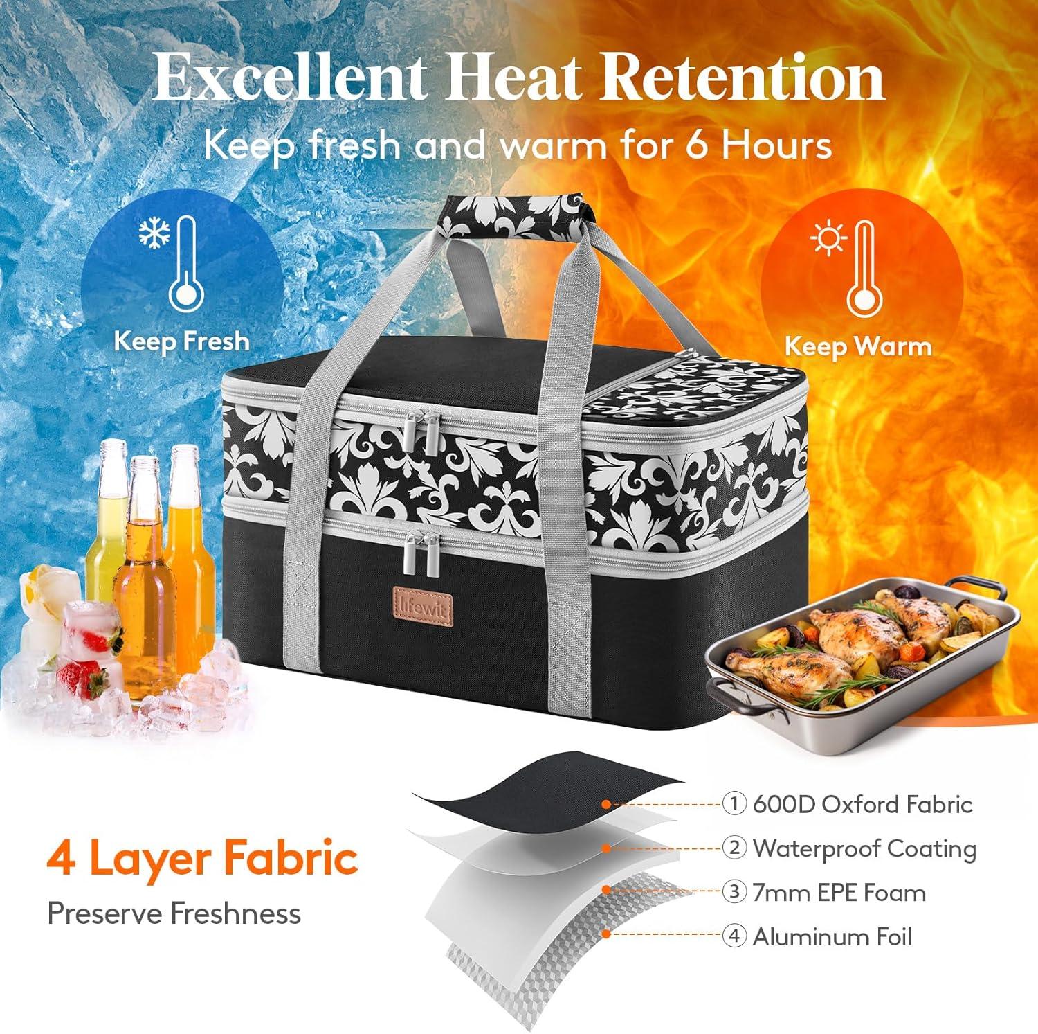 image:imageLifewit Insulated Single Decker Casserole Carrier for Hot or Cold Food Lasagna Lugger Holder Fits 9 x 13 Baking Dish Thermal Lunch Tote Bag for Potluck Parties Picnic and Cookouts GreyBlack