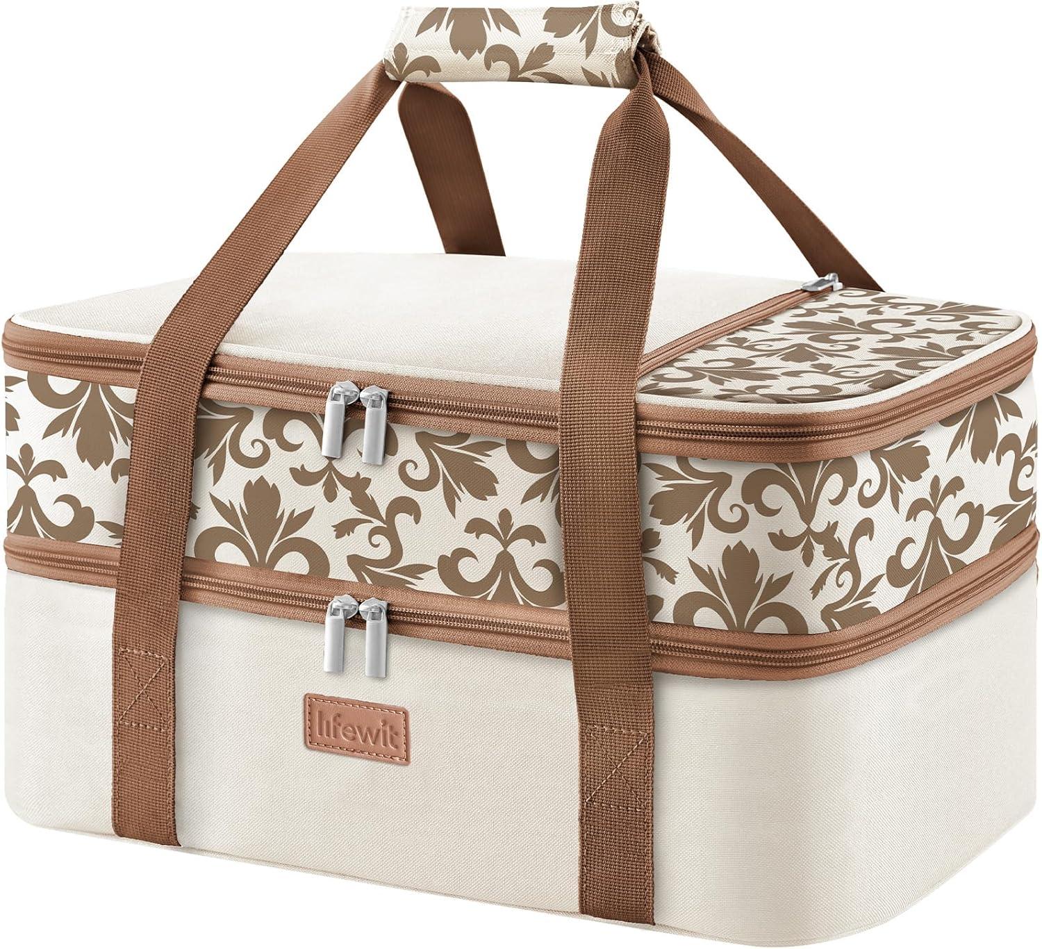 image:imageLifewit Insulated Single Decker Casserole Carrier for Hot or Cold Food Lasagna Lugger Holder Fits 9 x 13 Baking Dish Thermal Lunch Tote Bag for Potluck Parties Picnic and Cookouts GreyBeige