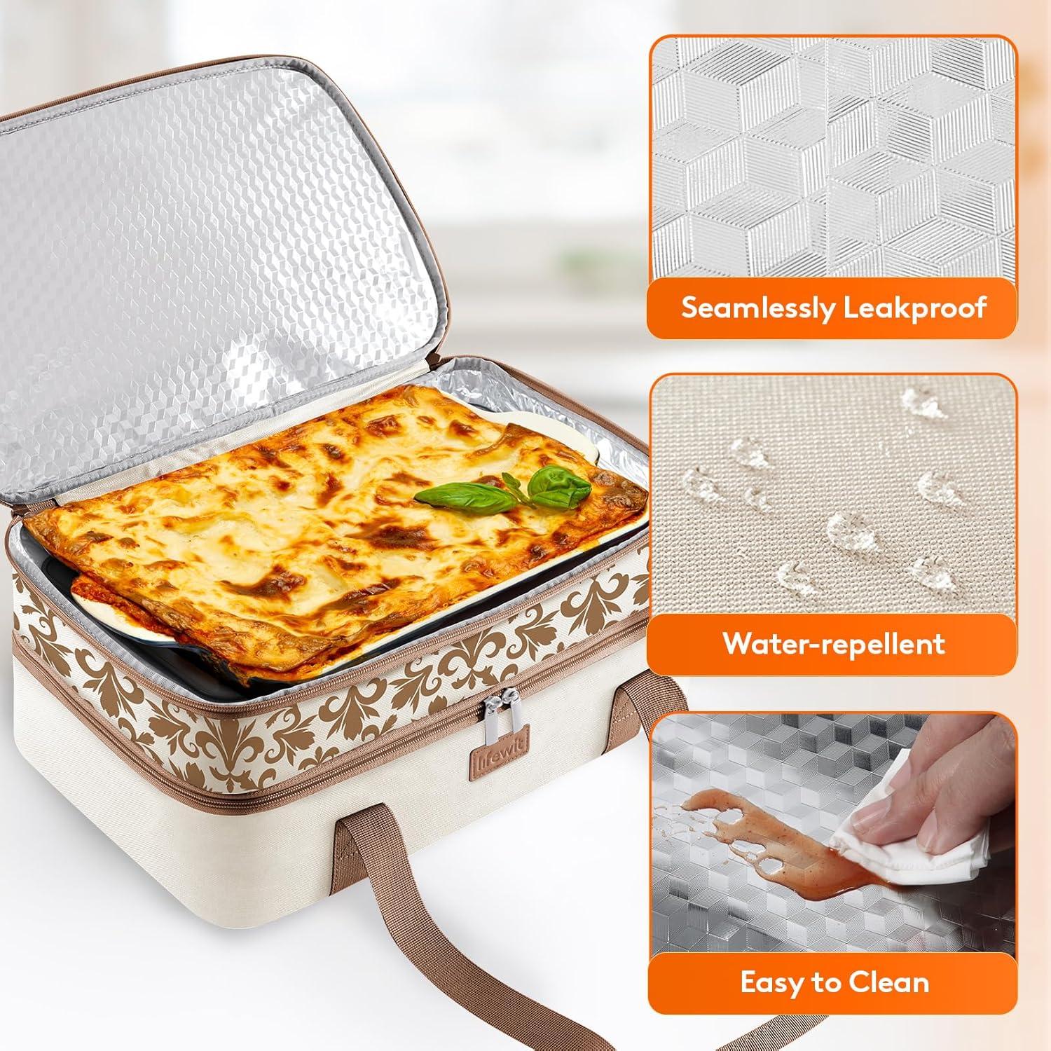 image:imageLifewit Insulated Single Decker Casserole Carrier for Hot or Cold Food Lasagna Lugger Holder Fits 9 x 13 Baking Dish Thermal Lunch Tote Bag for Potluck Parties Picnic and Cookouts GreyBeige