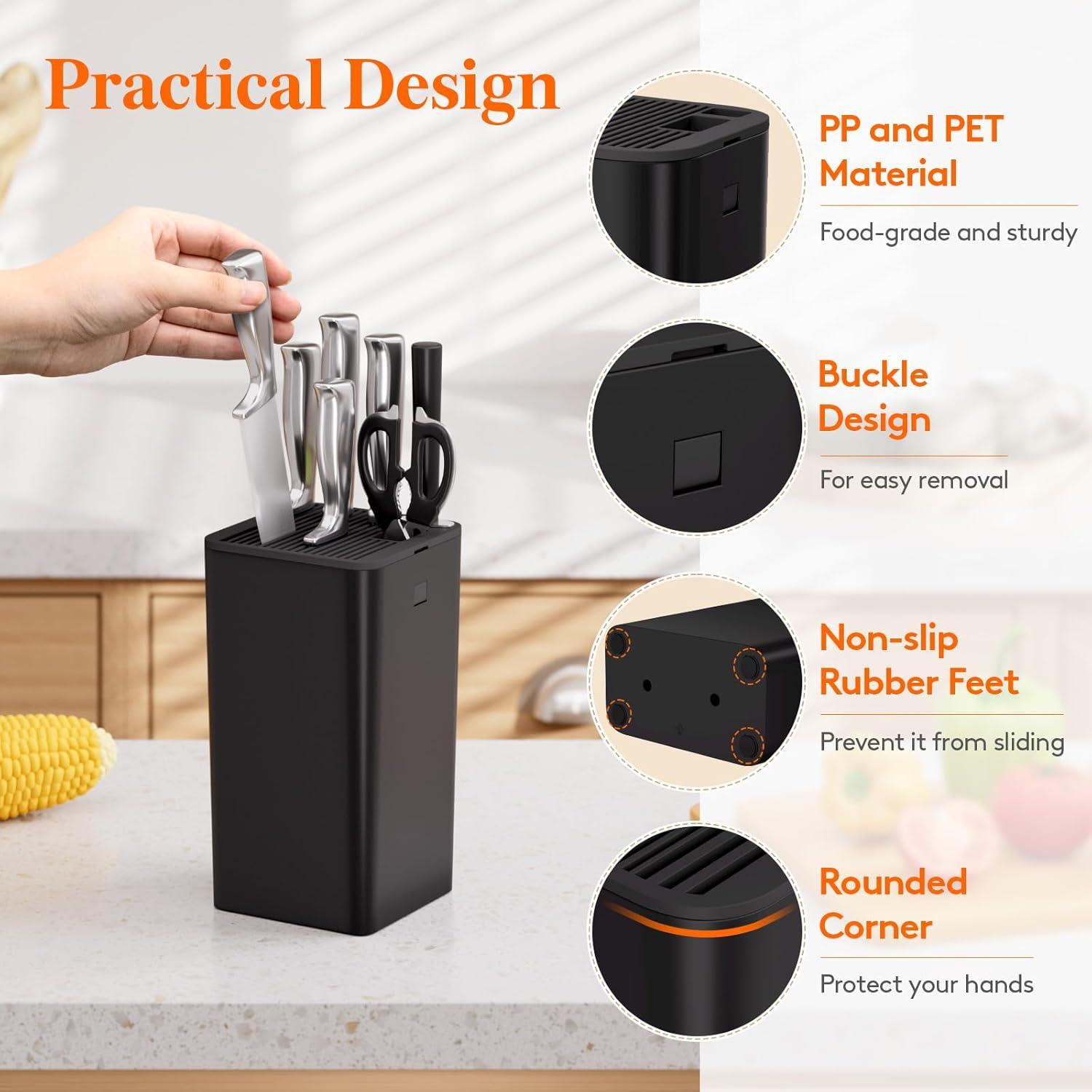 image:imageLifewit Knife Block without Knives Plastic Universal Knife Block Holder with Detachable Slots Hold Up to 15 Knives Scissors and Sharpening Rods Kitchen Storage Organizer for Counter Black