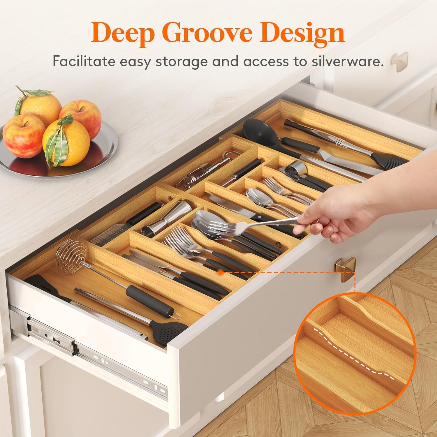 image:imageLifewit Large Silverware Drawer Organizer Expandable 214 to 36 Inches Wide Bamboo Utensil Tray for Kitchen Adjustable Flatware and Cutlery Holder for Spoons Forks Knives 13 Compartments Natural