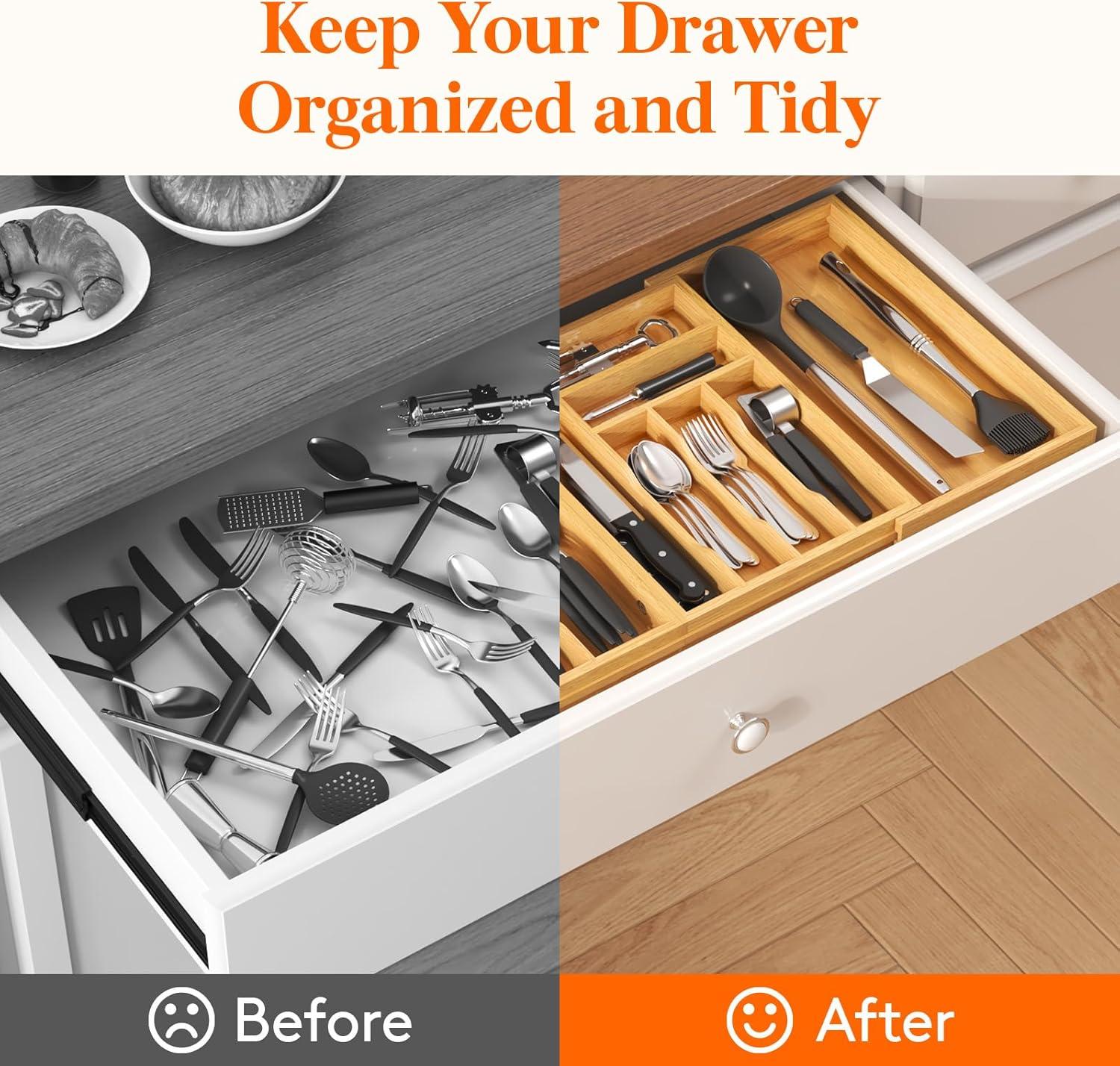 image:imageLifewit Large Silverware Drawer Organizer Expandable 214 to 36 Inches Wide Bamboo Utensil Tray for Kitchen Adjustable Flatware and Cutlery Holder for Spoons Forks Knives 13 Compartments Natural