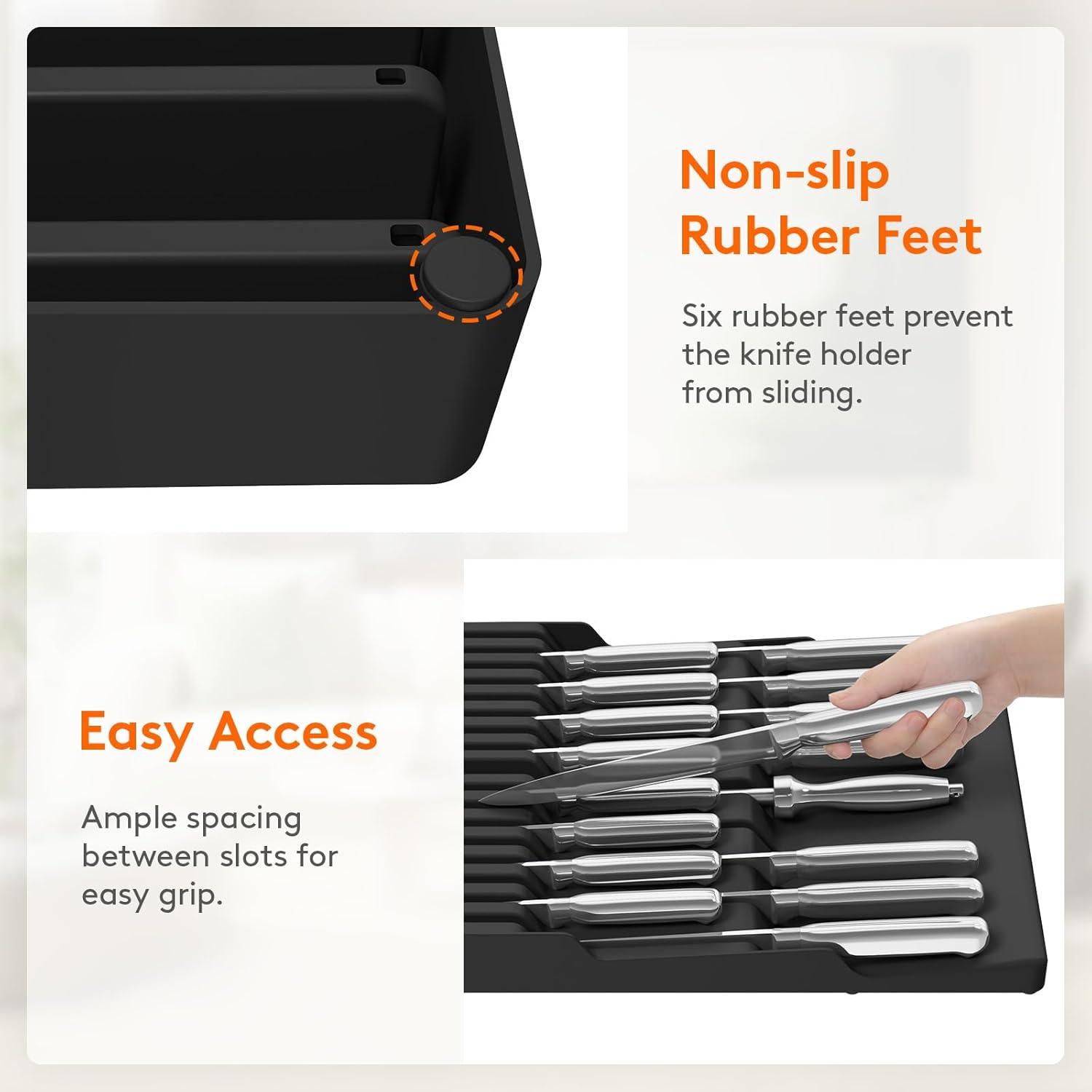 image:imageLifewit Magnetic Drawer Knife Organizers Insert Kitchen Plastic In Drawer Knife Block Slots Steak Chefs Knives Holder Storage Sets for 16 Knives and 1 Sharpening Steel Extra Large GrayBlack