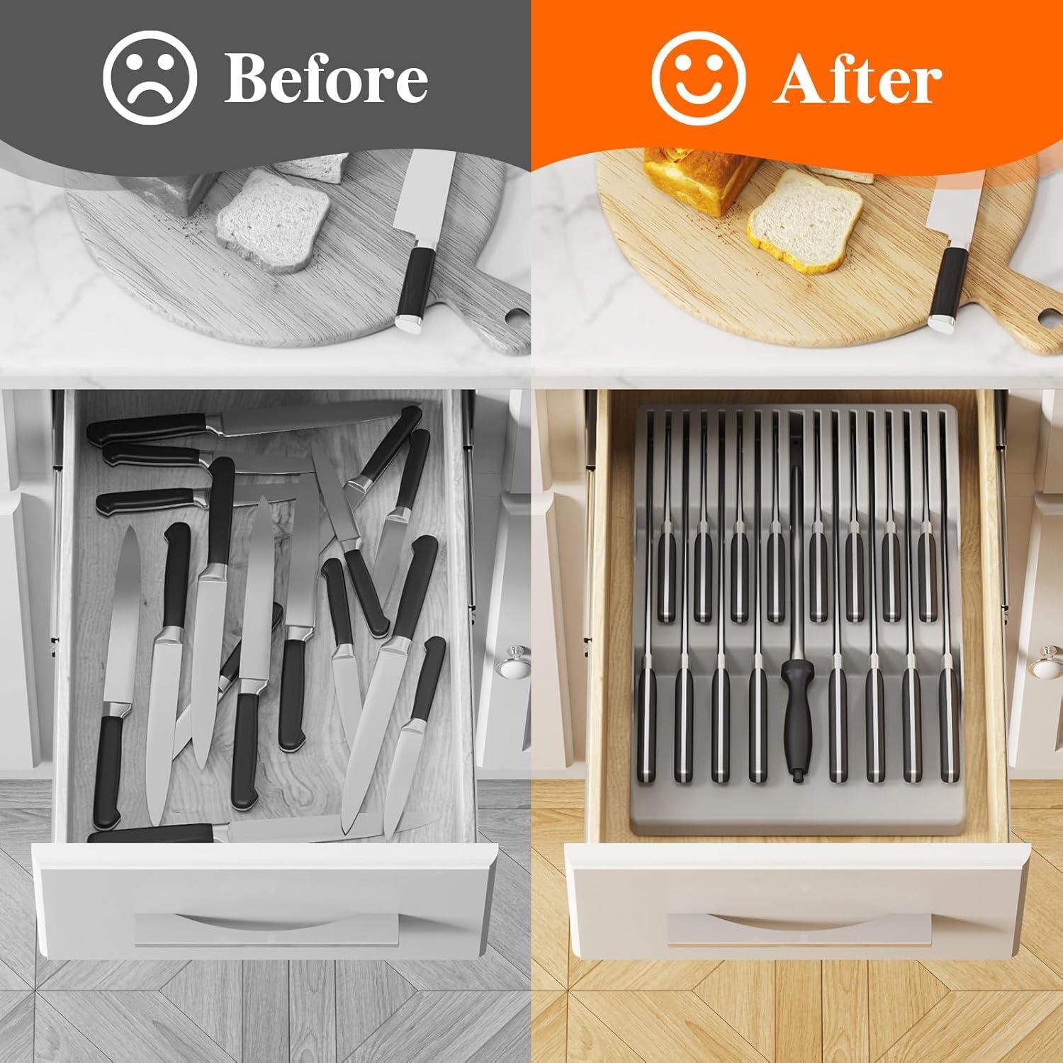 image:imageLifewit Magnetic Drawer Knife Organizers Insert Kitchen Plastic In Drawer Knife Block Slots Steak Chefs Knives Holder Storage Sets for 16 Knives and 1 Sharpening Steel Extra Large GrayGray