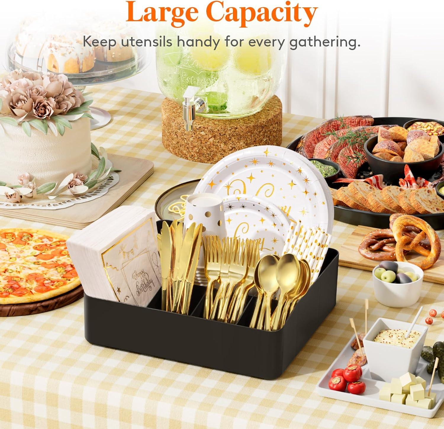 image:imageLifewit Paper Plate Organizer for Kitchen Countertop Plastic Silverware Caddy for Party Utensil Holder with 7 Compartment Cutlery Flatware Dispenser Box for Cup Spoon Fork Napkin Black 29 31cm