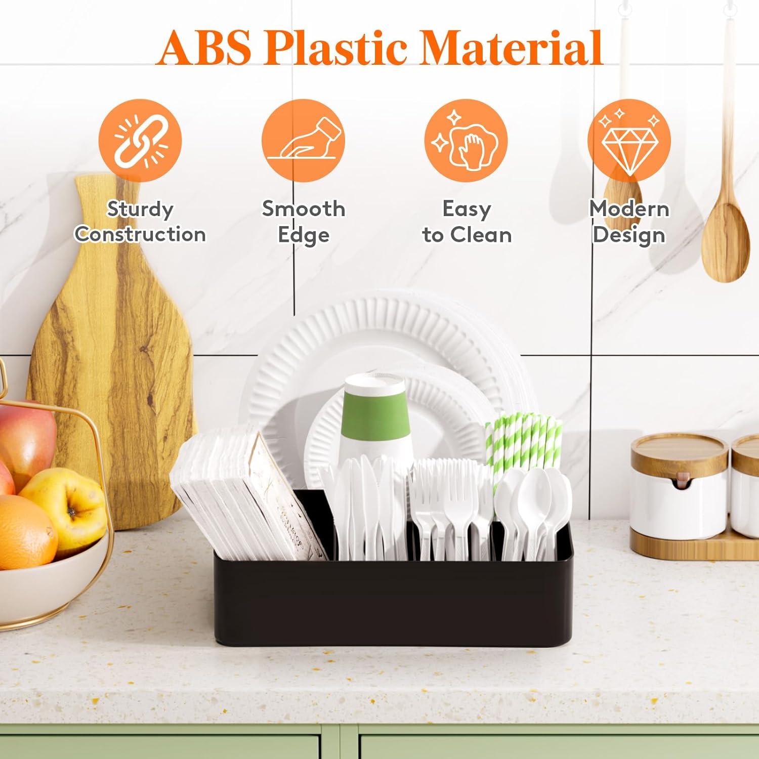 image:imageLifewit Paper Plate Organizer for Kitchen Countertop Plastic Silverware Caddy for Party Utensil Holder with 7 Compartment Cutlery Flatware Dispenser Box for Cup Spoon Fork Napkin Black 29 31cm