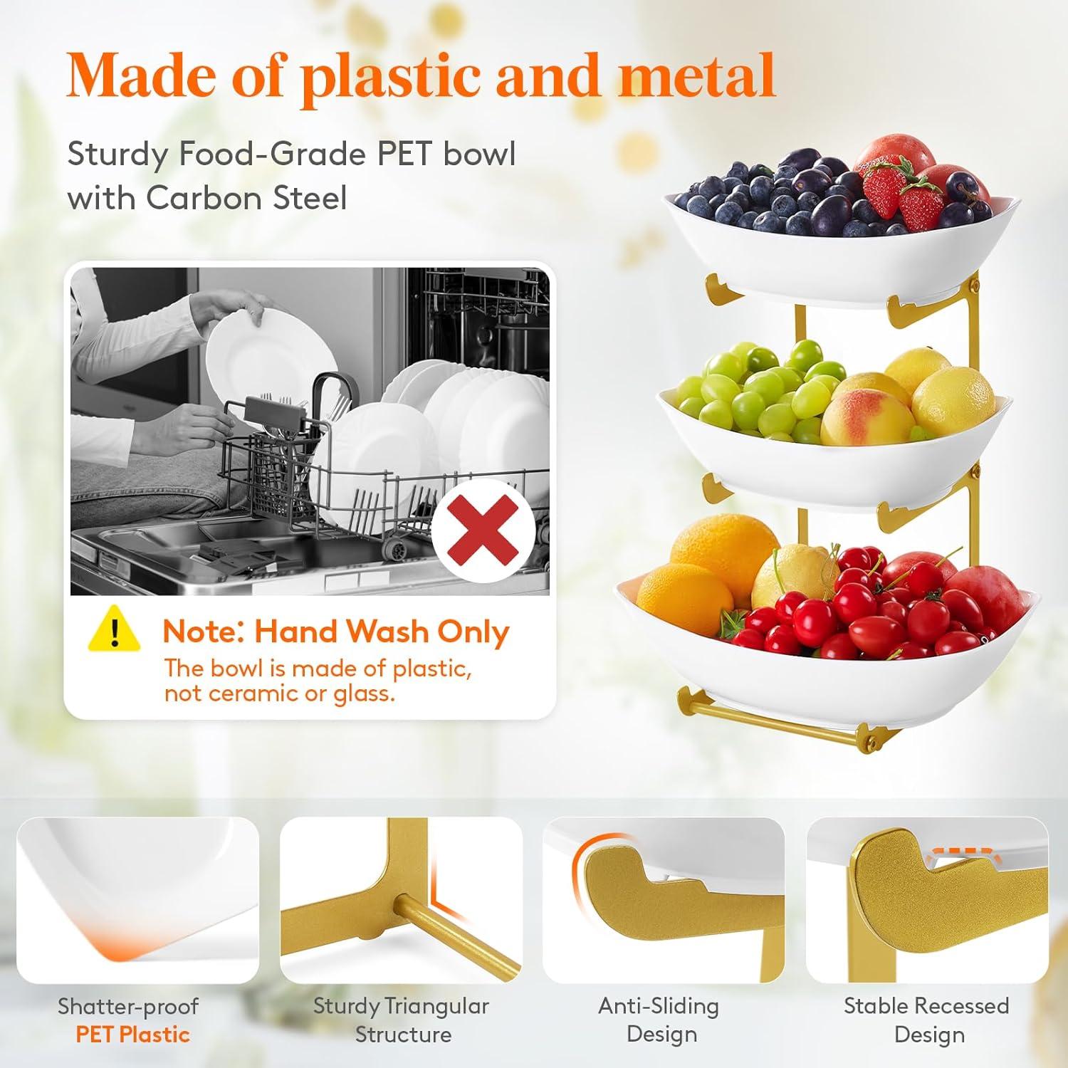 image:imageLifewit Plastic Fruit Bowl Basket for Kitchen Countertop 3 Tier Fruit Holder with Black Metal Stand Serving Tray for Food Vegetable Cake Dessert in PartyGold