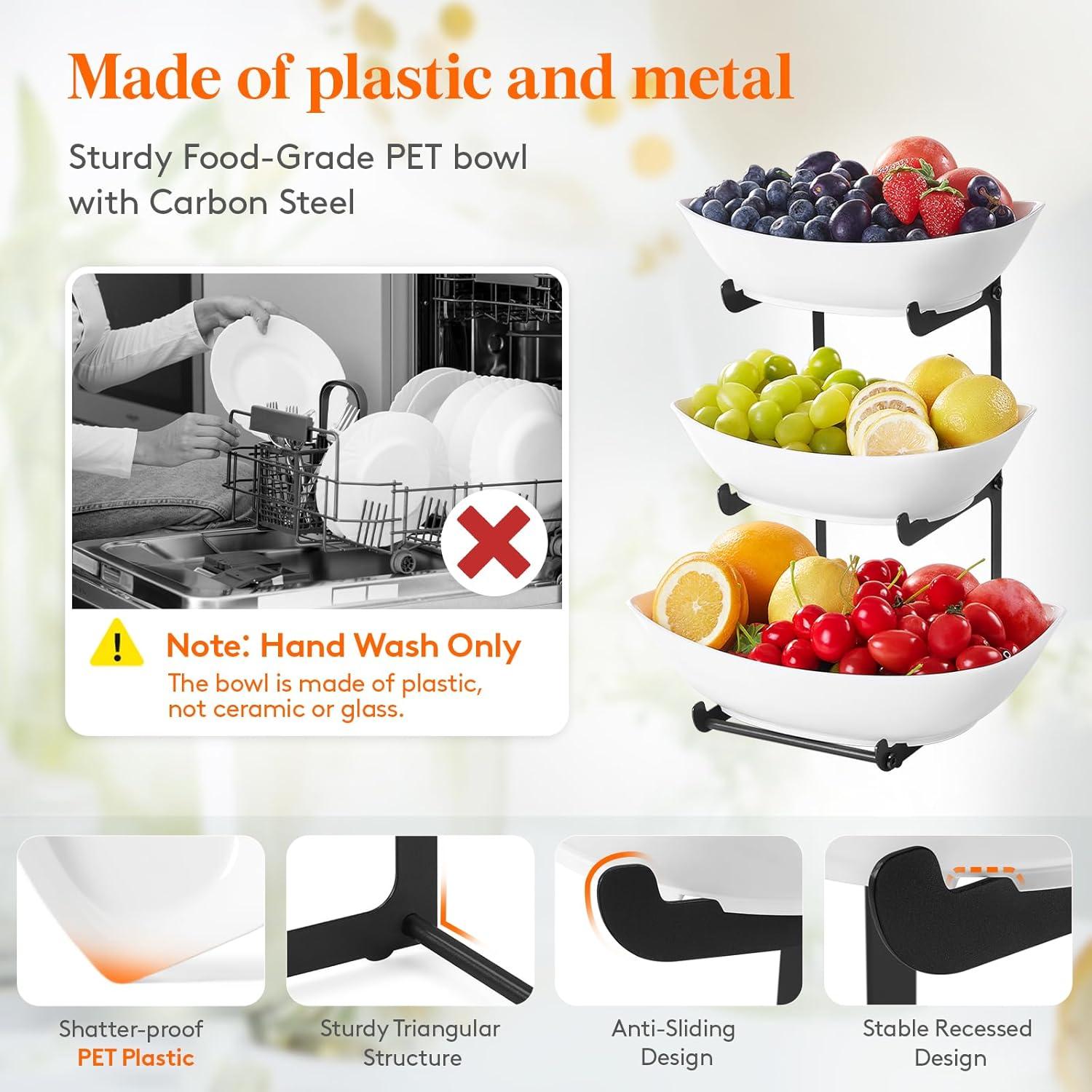 image:imageLifewit Plastic Fruit Bowl Basket for Kitchen Countertop 3 Tier Fruit Holder with Black Metal Stand Serving Tray for Food Vegetable Cake Dessert in PartyBlack