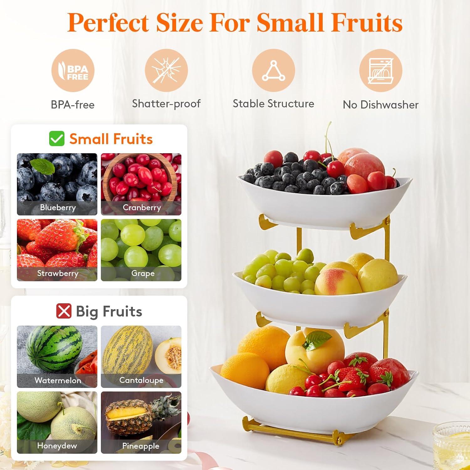 image:imageLifewit Plastic Fruit Bowl Basket for Kitchen Countertop 3 Tier Fruit Holder with Black Metal Stand Serving Tray for Food Vegetable Cake Dessert in PartyGold