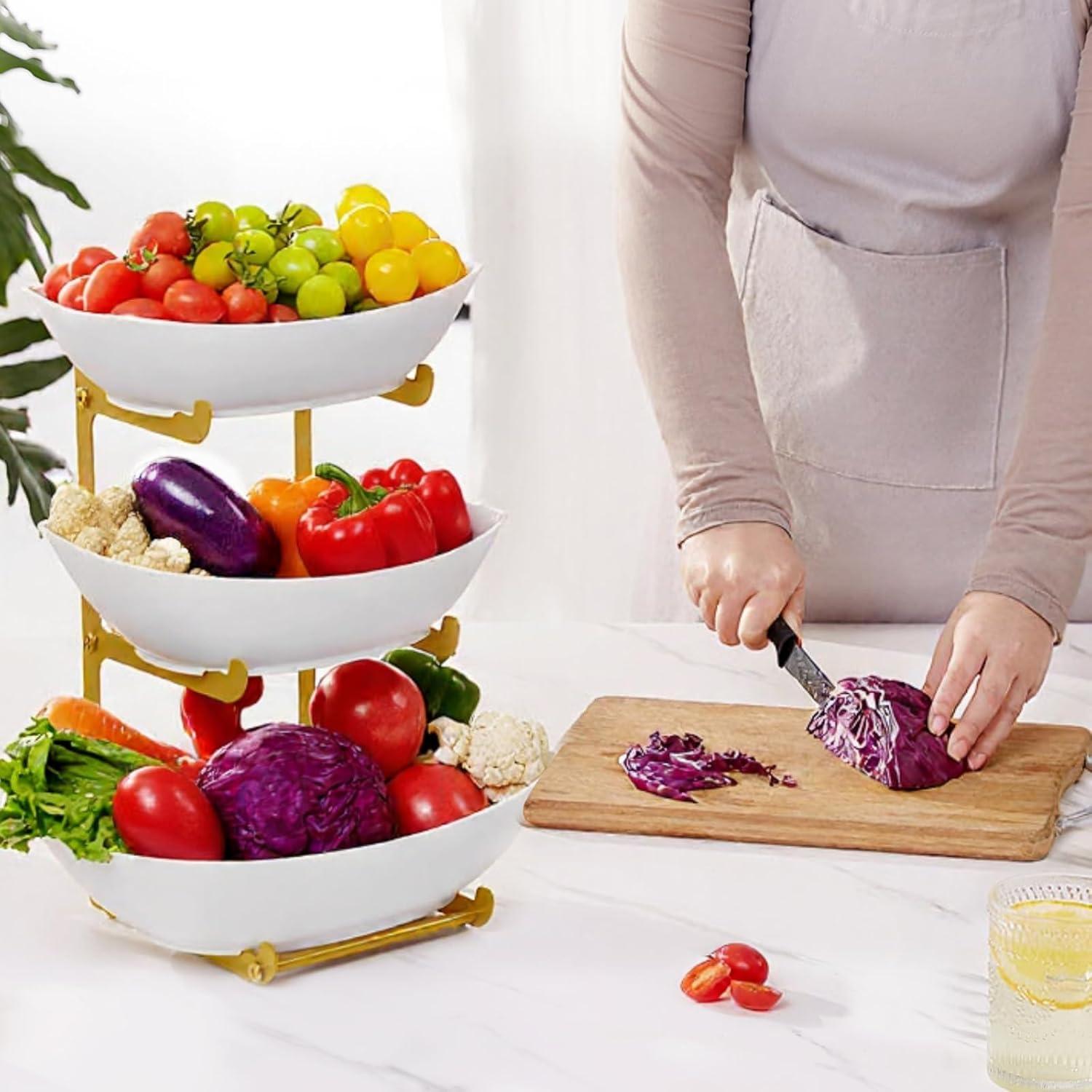 image:imageLifewit Plastic Fruit Bowl Basket for Kitchen Countertop 3 Tier Fruit Holder with Black Metal Stand Serving Tray for Food Vegetable Cake Dessert in PartyGold
