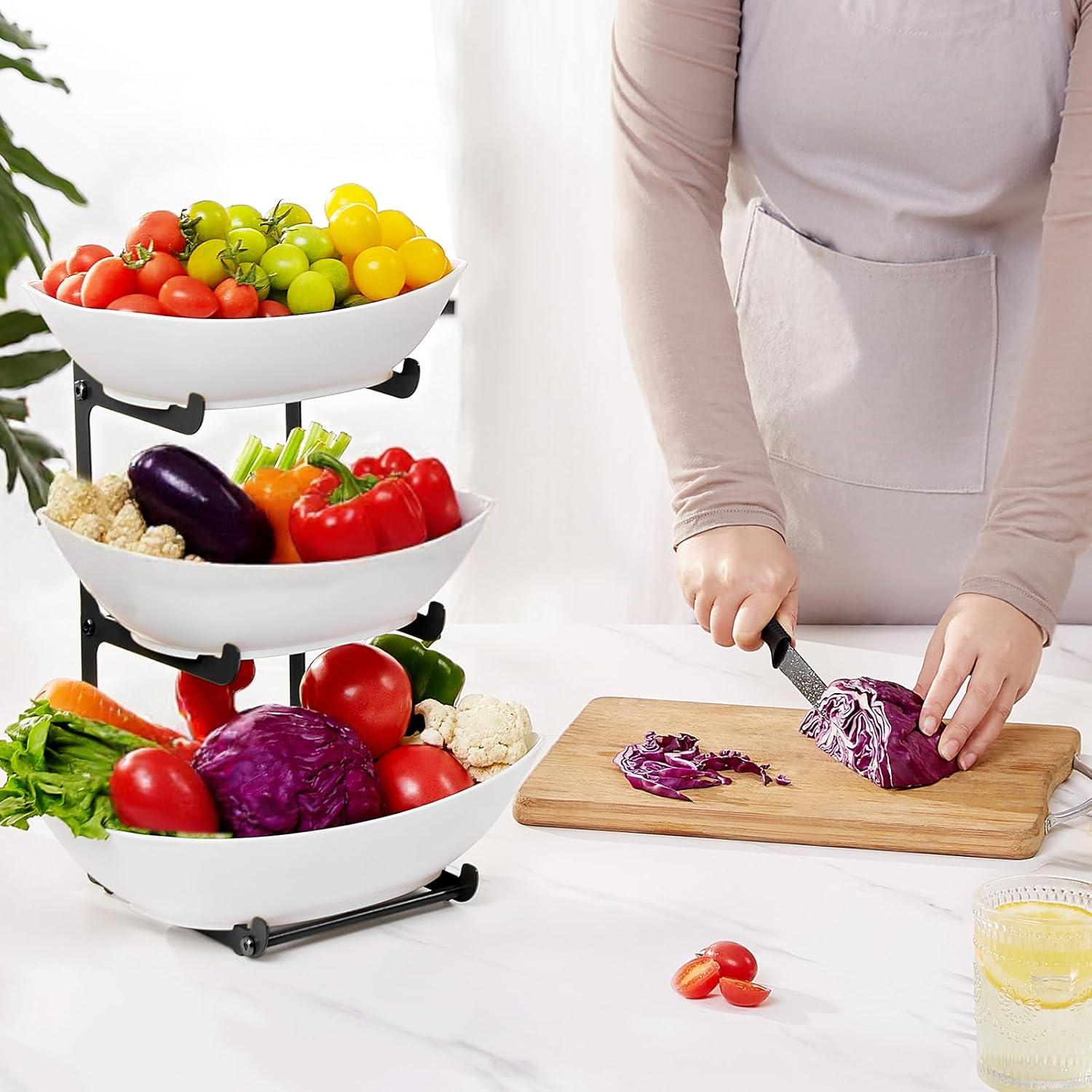 image:imageLifewit Plastic Fruit Bowl Basket for Kitchen Countertop 3 Tier Fruit Holder with Black Metal Stand Serving Tray for Food Vegetable Cake Dessert in PartyBlack