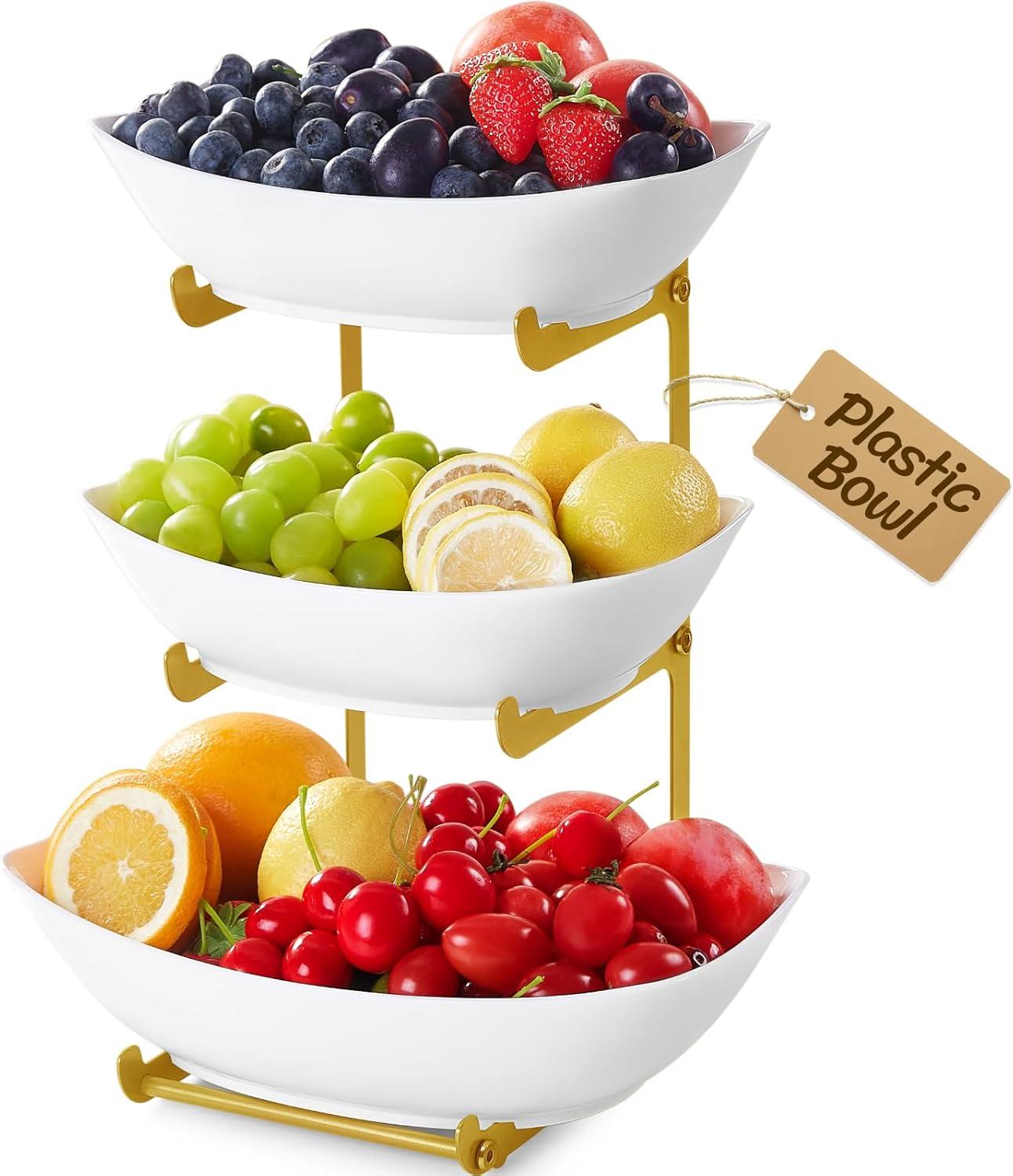 image:imageLifewit Plastic Fruit Bowl Basket for Kitchen Countertop 3 Tier Fruit Holder with Black Metal Stand Serving Tray for Food Vegetable Cake Dessert in PartyGold