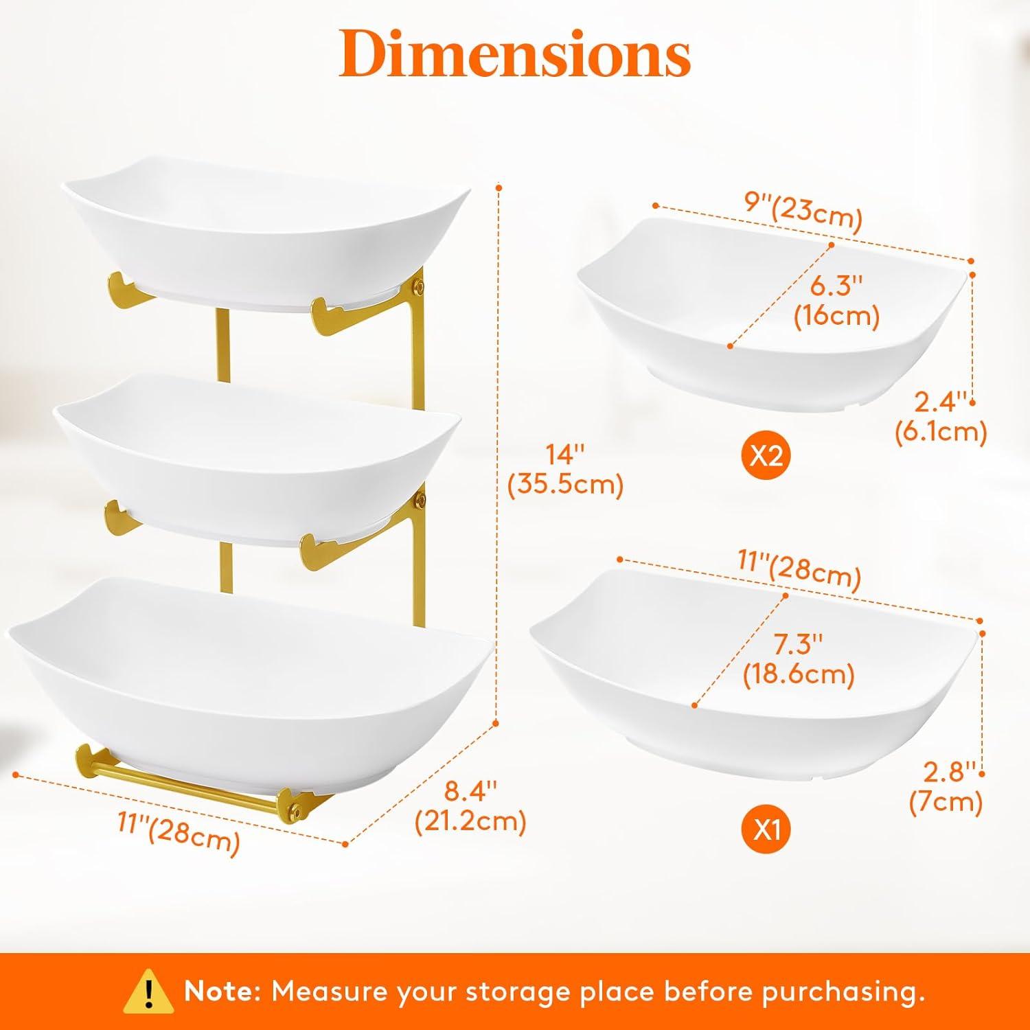 image:imageLifewit Plastic Fruit Bowl Basket for Kitchen Countertop 3 Tier Fruit Holder with Black Metal Stand Serving Tray for Food Vegetable Cake Dessert in PartyGold