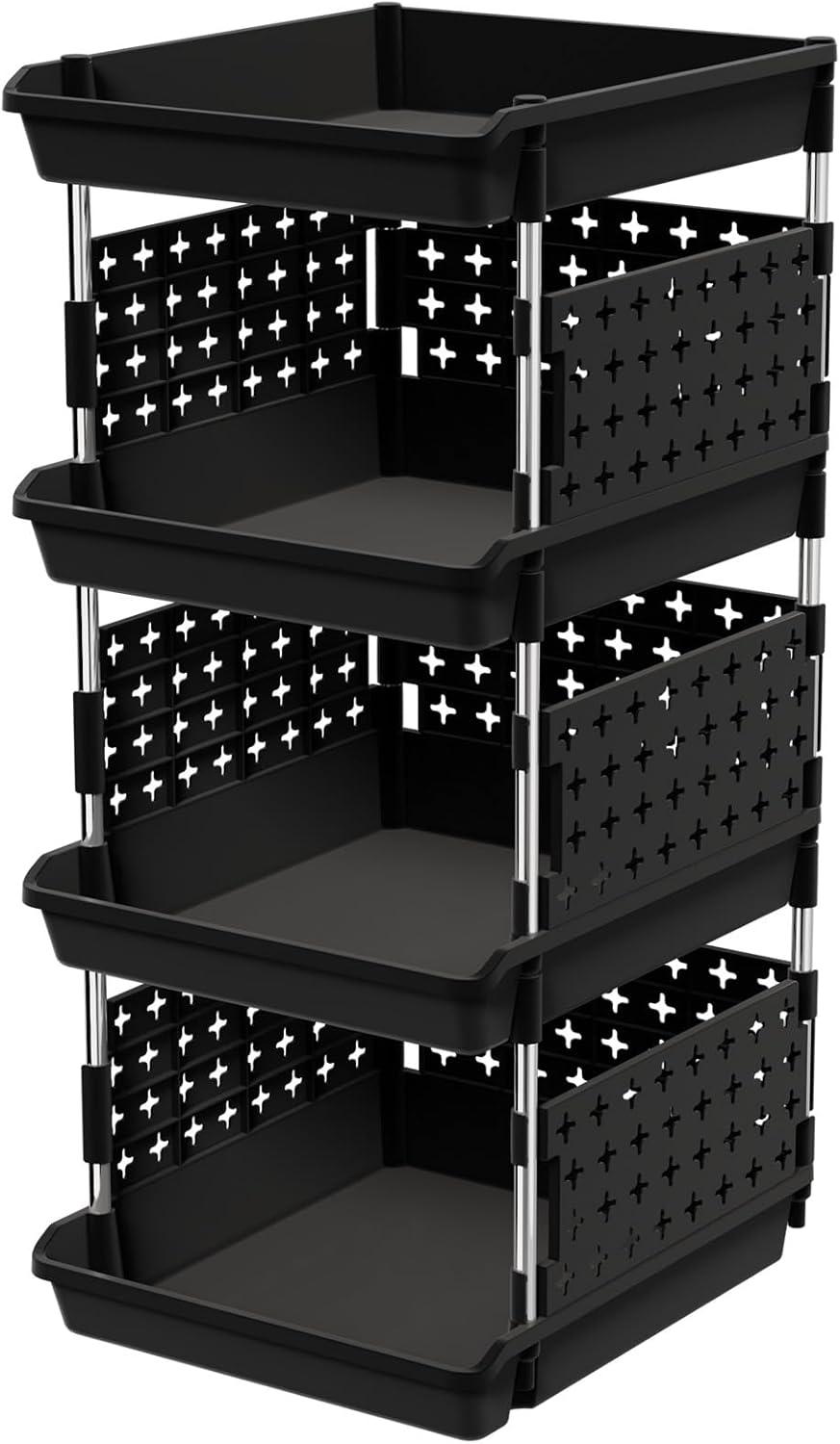 image:imageLifewit Plastic Stackable Storage Baskets 4 Tier Stacking Bins for Food and Clothes Multifunctional Organizer for RV Kitchen Playroom Pantry and Bathroom 138D x 118W x 283H 1 Pack WhiteBlack