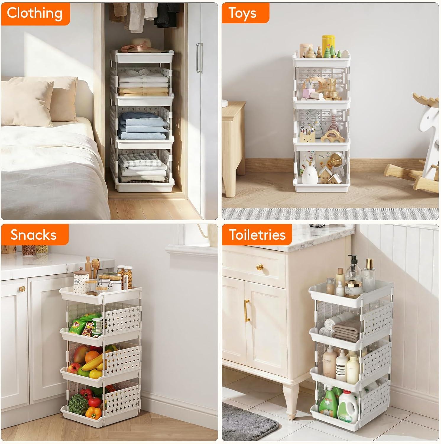 image:imageLifewit Plastic Stackable Storage Baskets 4 Tier Stacking Bins for Food and Clothes Multifunctional Organizer for RV Kitchen Playroom Pantry and Bathroom 138D x 118W x 283H 1 Pack WhiteWhite