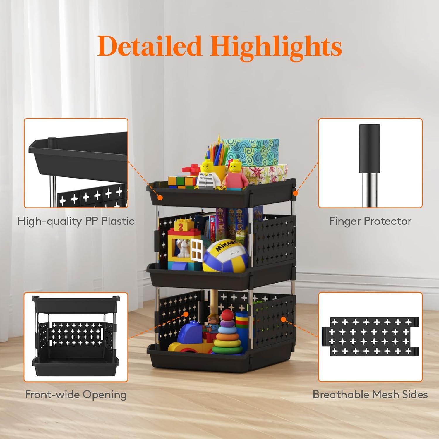 image:imageLifewit Plastic Stackable Storage Baskets 4 Tier Stacking Bins for Food and Clothes Multifunctional Organizer for RV Kitchen Playroom Pantry and Bathroom 138D x 118W x 283H 1 Pack WhiteBlack