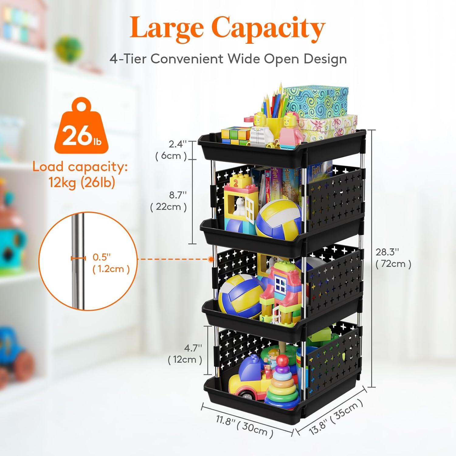 image:imageLifewit Plastic Stackable Storage Baskets 4 Tier Stacking Bins for Food and Clothes Multifunctional Organizer for RV Kitchen Playroom Pantry and Bathroom 138D x 118W x 283H 1 Pack WhiteBlack