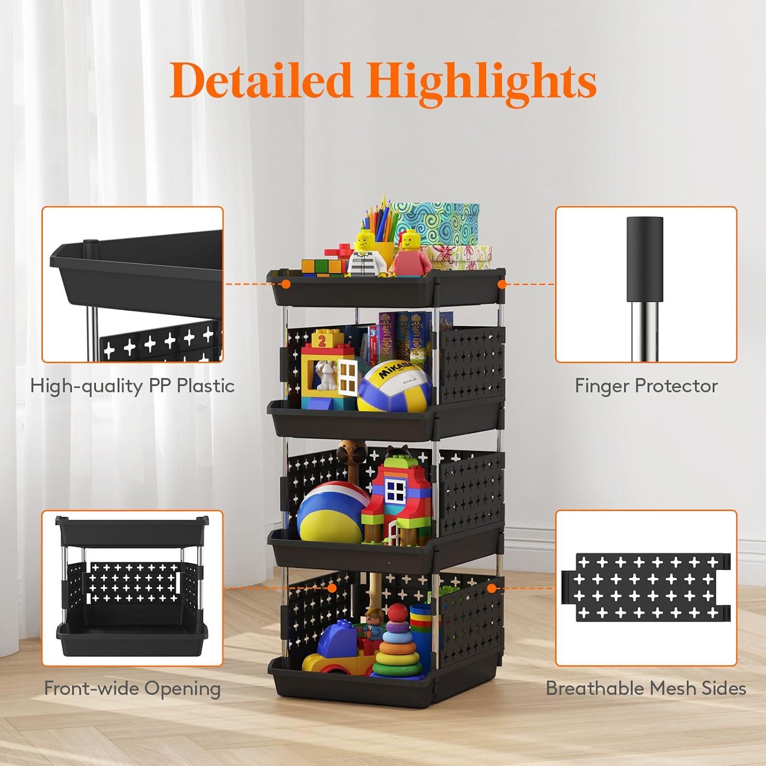 image:imageLifewit Plastic Stackable Storage Baskets 4 Tier Stacking Bins for Food and Clothes Multifunctional Organizer for RV Kitchen Playroom Pantry and Bathroom 138D x 118W x 283H 1 Pack WhiteBlack