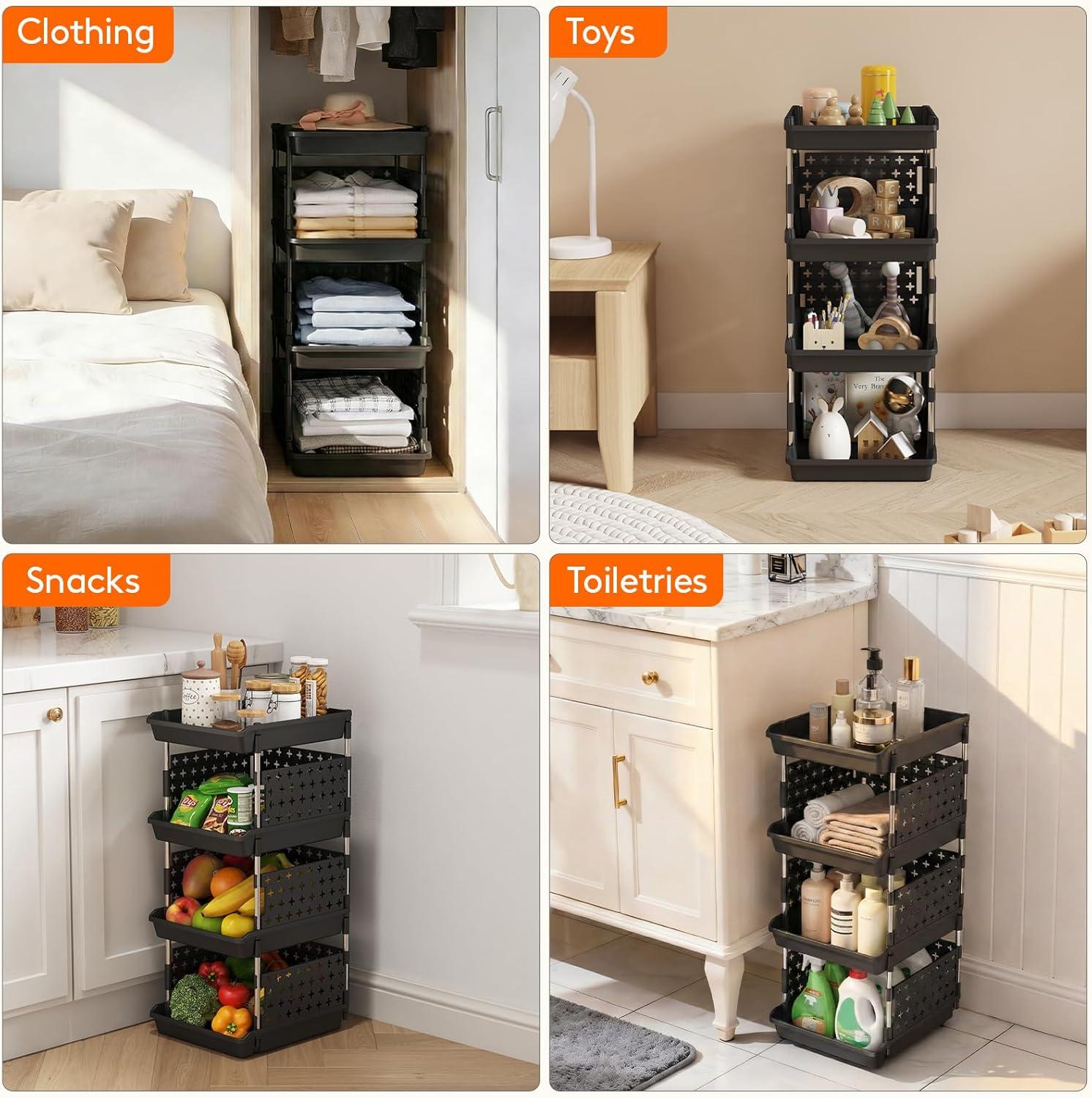 image:imageLifewit Plastic Stackable Storage Baskets 4 Tier Stacking Bins for Food and Clothes Multifunctional Organizer for RV Kitchen Playroom Pantry and Bathroom 138D x 118W x 283H 1 Pack WhiteBlack