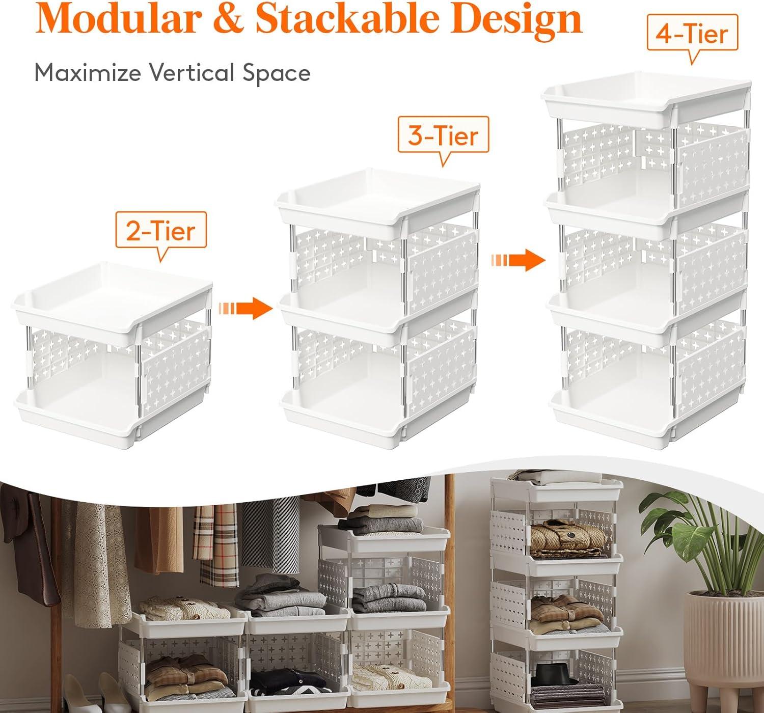 image:imageLifewit Plastic Stackable Storage Baskets 4 Tier Stacking Bins for Food and Clothes Multifunctional Organizer for RV Kitchen Playroom Pantry and Bathroom 138D x 118W x 283H 1 Pack WhiteWhite