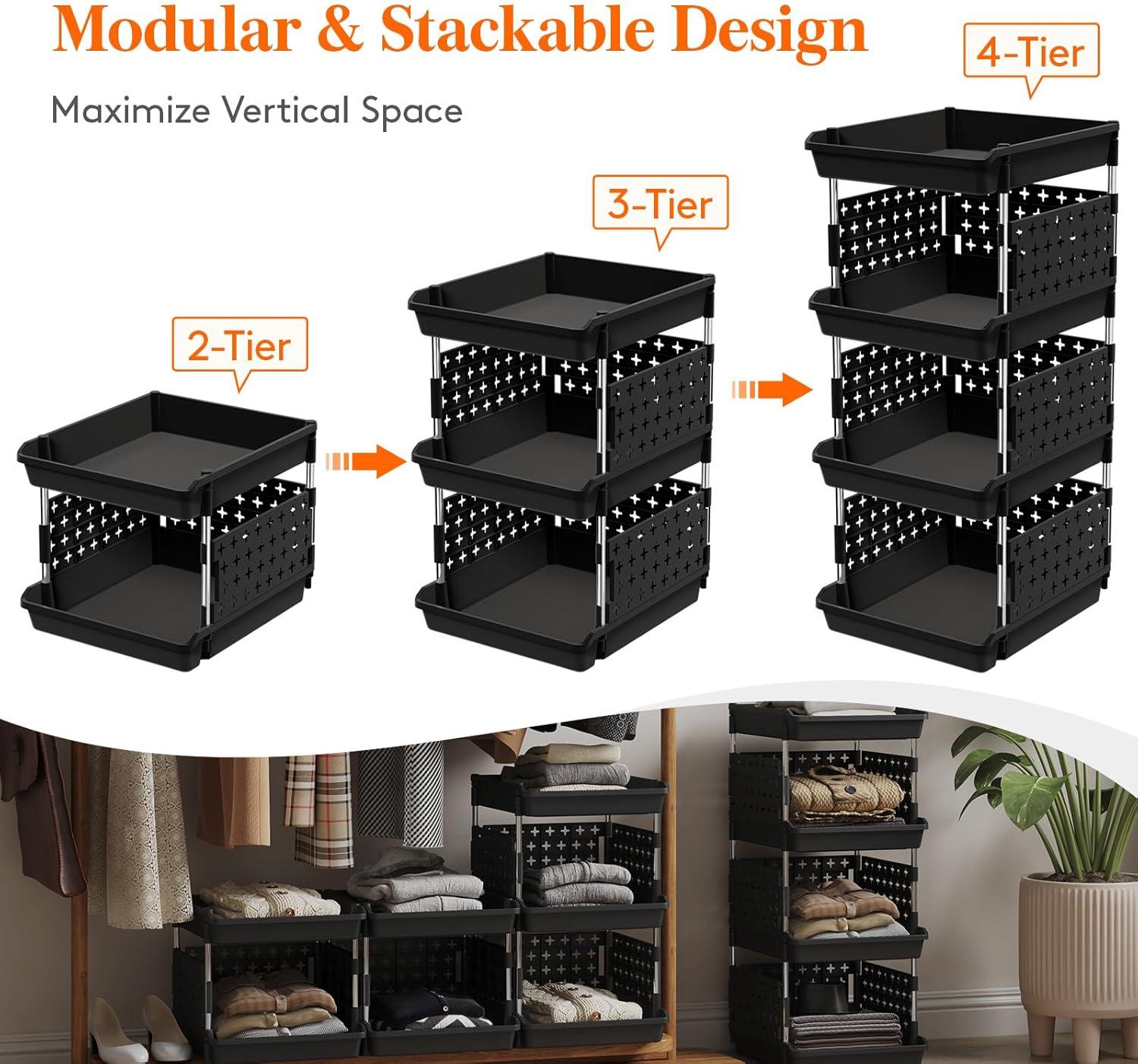 image:imageLifewit Plastic Stackable Storage Baskets 4 Tier Stacking Bins for Food and Clothes Multifunctional Organizer for RV Kitchen Playroom Pantry and Bathroom 138D x 118W x 283H 1 Pack WhiteBlack