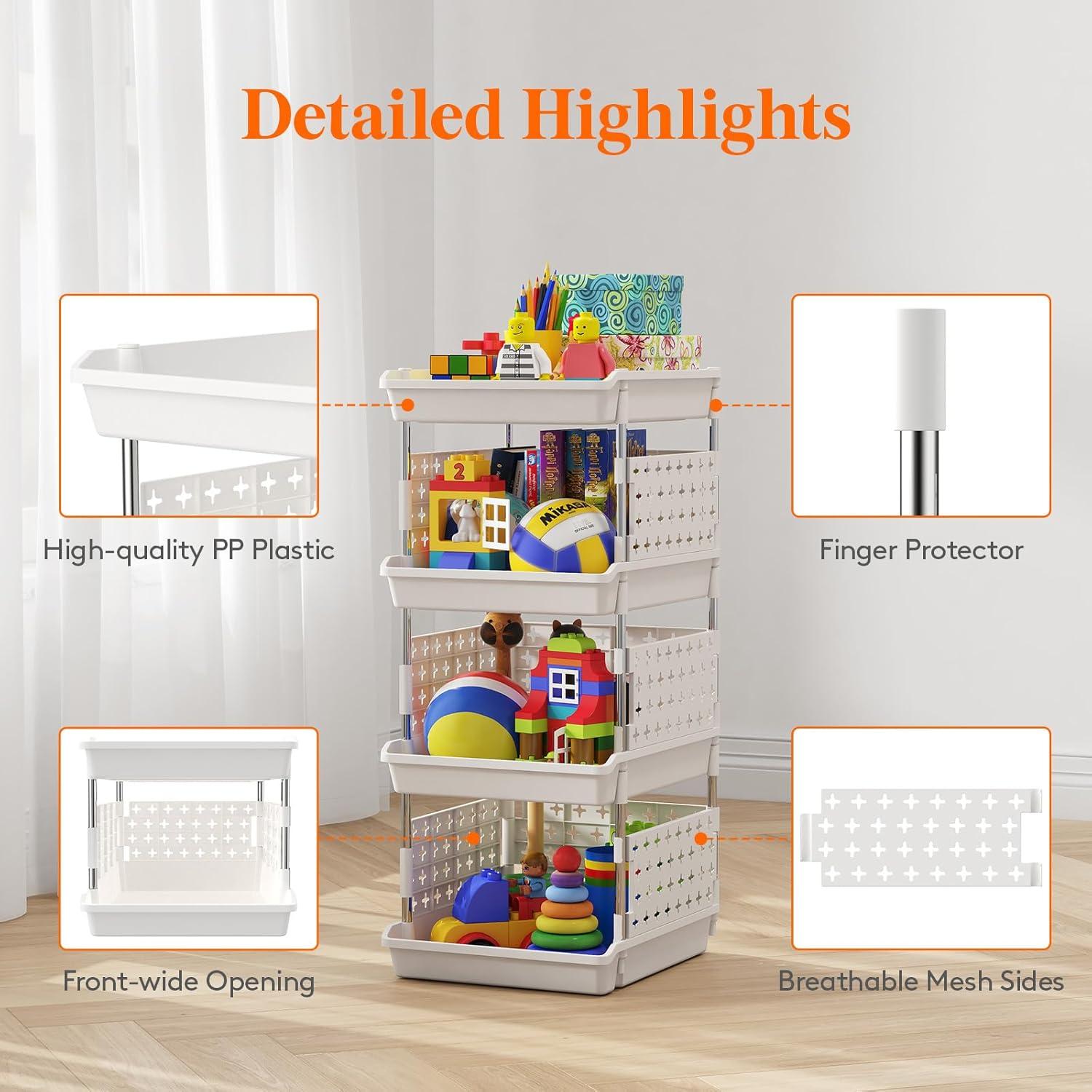 image:imageLifewit Plastic Stackable Storage Baskets 4 Tier Stacking Bins for Food and Clothes Multifunctional Organizer for RV Kitchen Playroom Pantry and Bathroom 138D x 118W x 283H 1 Pack WhiteWhite