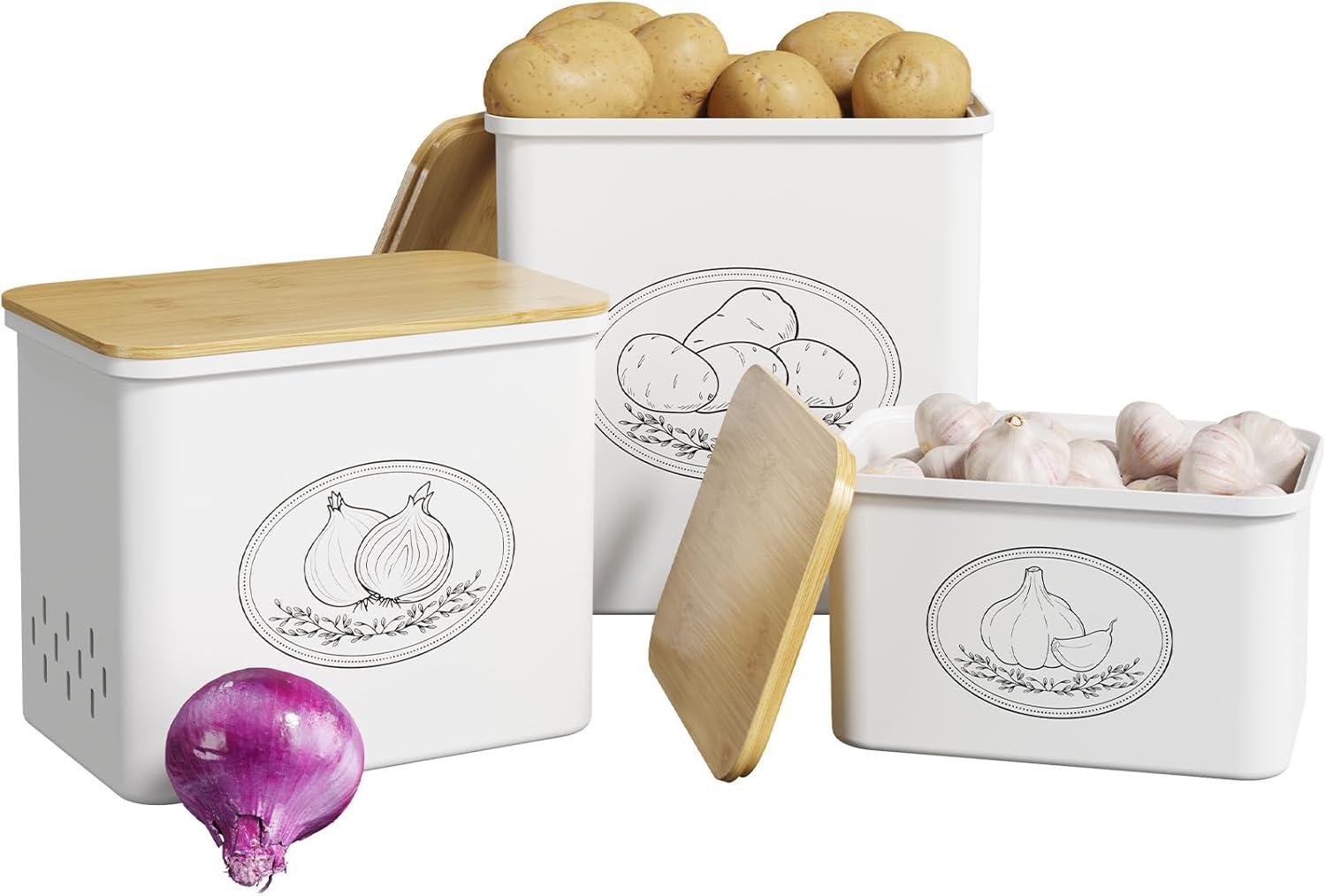 image:imageLifewit Potato and Onion Storage Bin Stackable Garlic Keeper with Aerating Holes and Lid Plastic Vegetable Container Box for Pantry Countertop White 24 x 18 x 24 cm95 x 7 x 95 inch Set of 3White