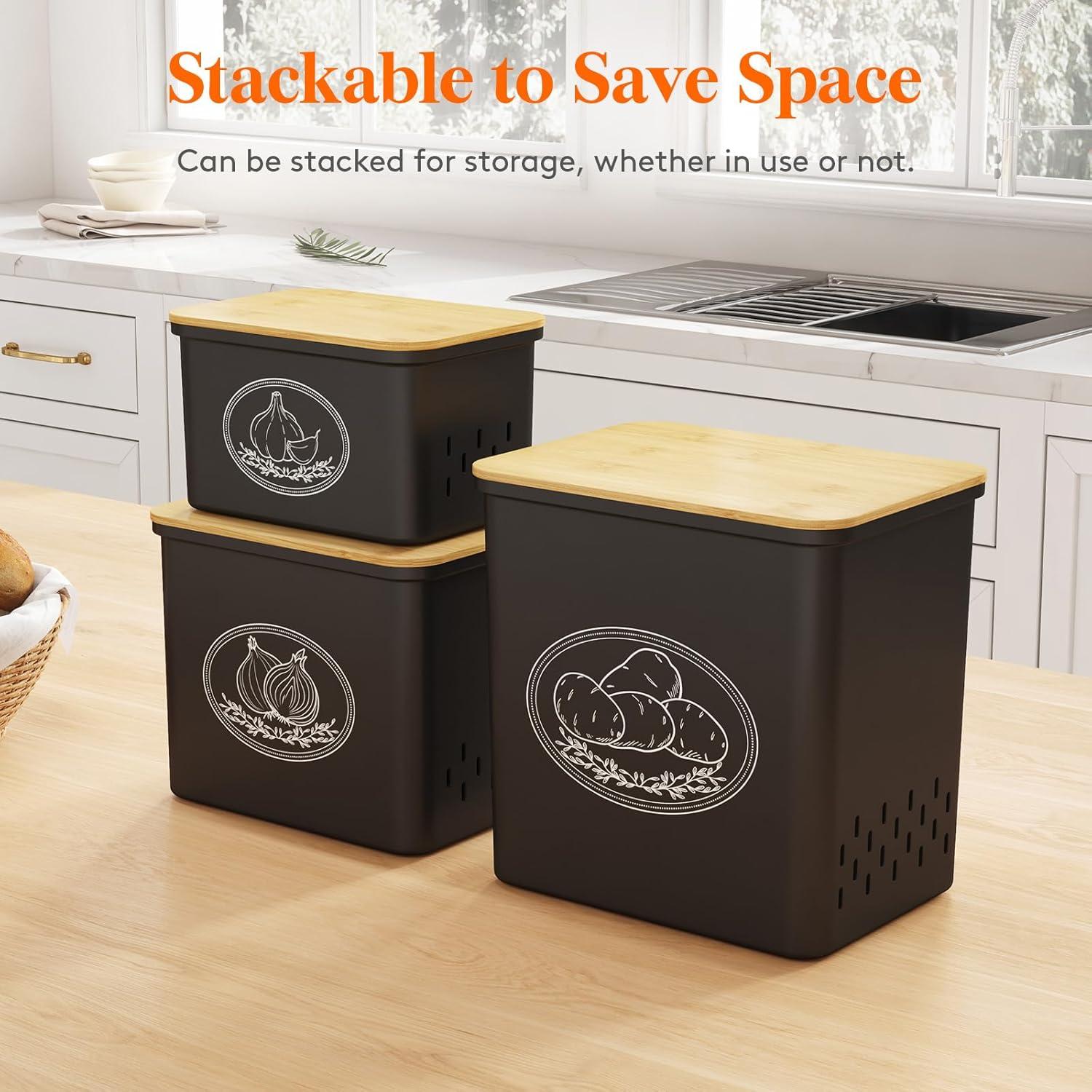 image:imageLifewit Potato and Onion Storage Bin Stackable Garlic Keeper with Aerating Holes and Lid Plastic Vegetable Container Box for Pantry Countertop White 24 x 18 x 24 cm95 x 7 x 95 inch Set of 3Black