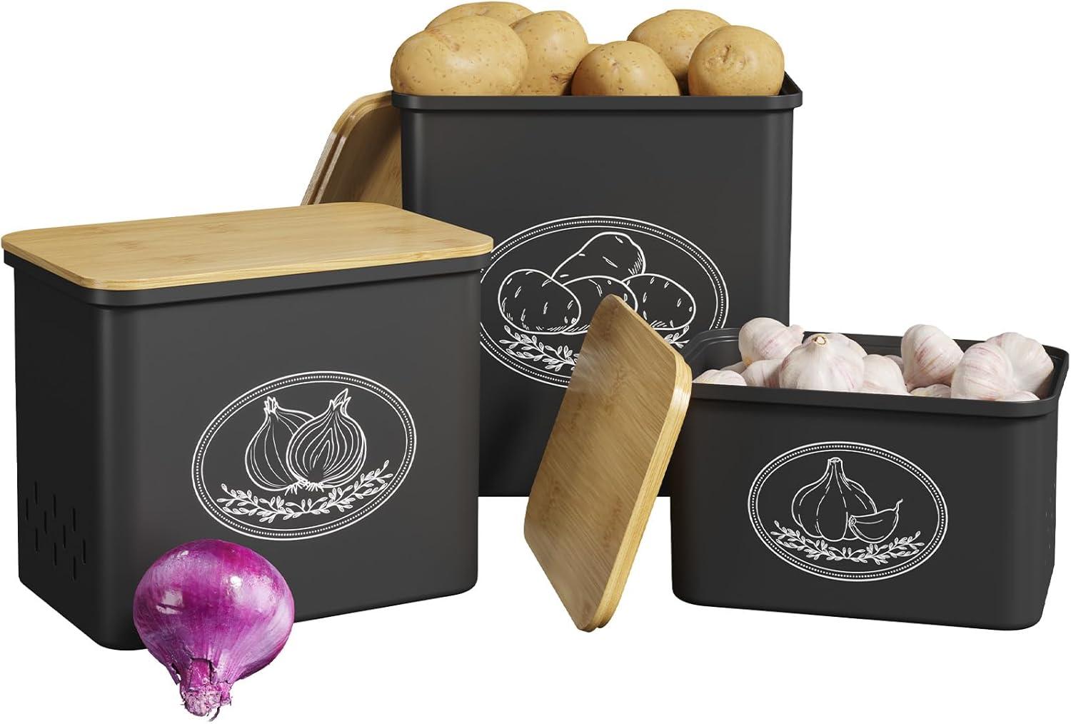 image:imageLifewit Potato and Onion Storage Bin Stackable Garlic Keeper with Aerating Holes and Lid Plastic Vegetable Container Box for Pantry Countertop White 24 x 18 x 24 cm95 x 7 x 95 inch Set of 3Black