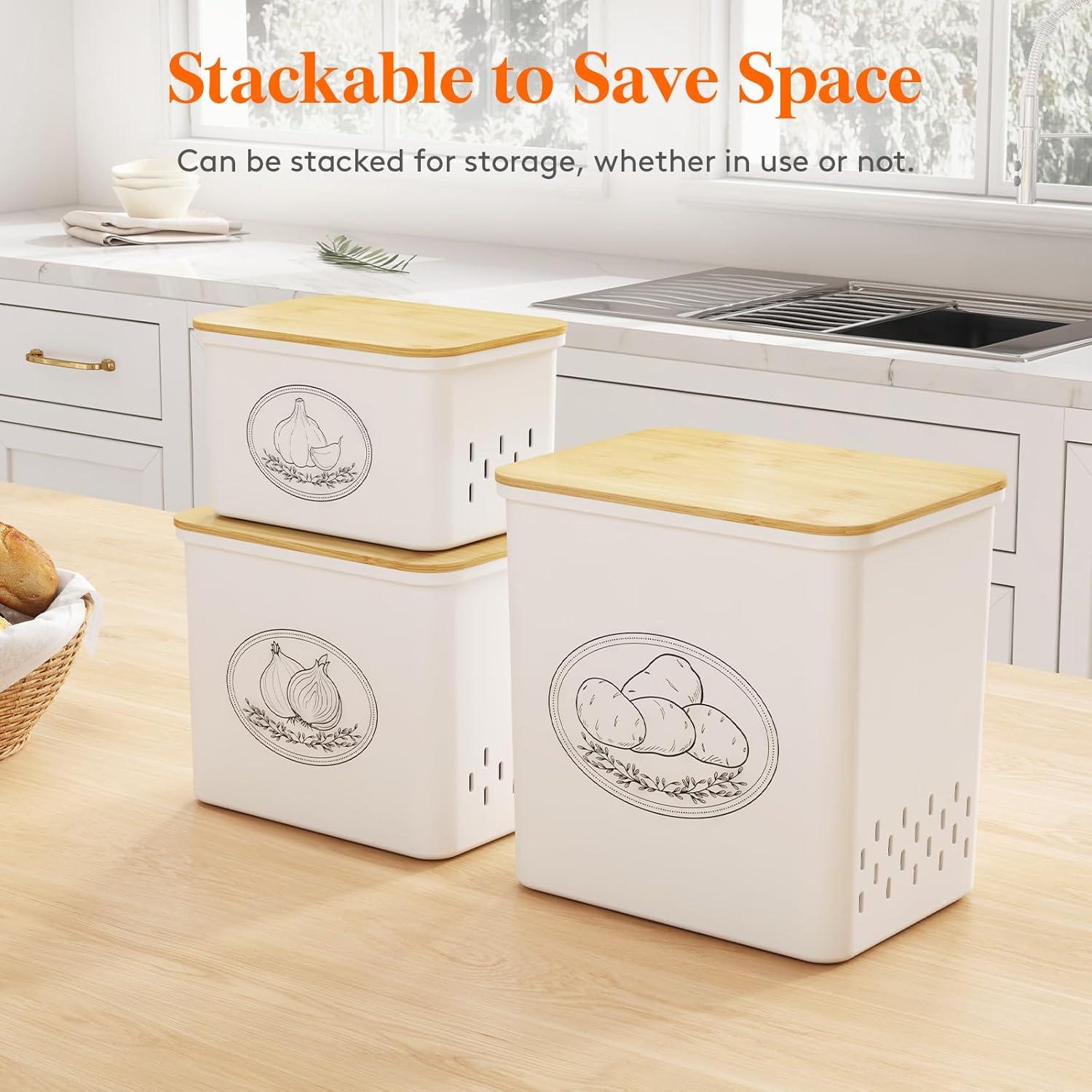 image:imageLifewit Potato and Onion Storage Bin Stackable Garlic Keeper with Aerating Holes and Lid Plastic Vegetable Container Box for Pantry Countertop White 24 x 18 x 24 cm95 x 7 x 95 inch Set of 3White
