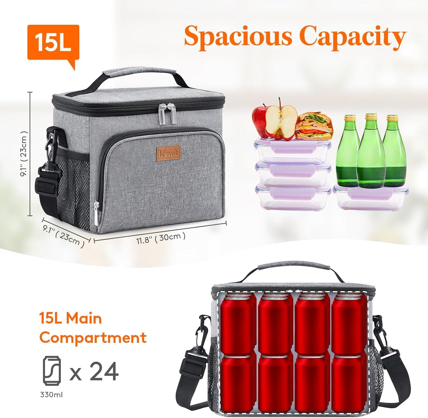 image:imageLifewit Reusable Insulated Lunch Bag Portable Cooler Freezable Soft Lunchbox Leakproof with Adjustable Shoulder Strap for Men Women Adult for Work Picnic or Travel 9L 12 Can BlackGray