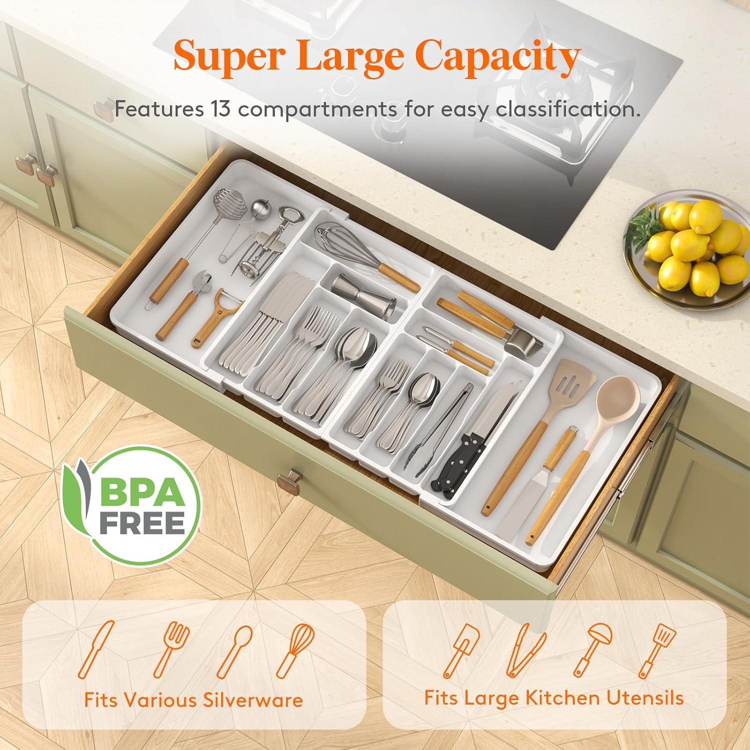 image:imageLifewit Silverware Drawer Organizer Expandable BPA Free Plastic Utensil Tray for Kitchen Adjustable Flatware Cutlery Holder for Spoons Forks Knives 21336 x 169 BlackWhite