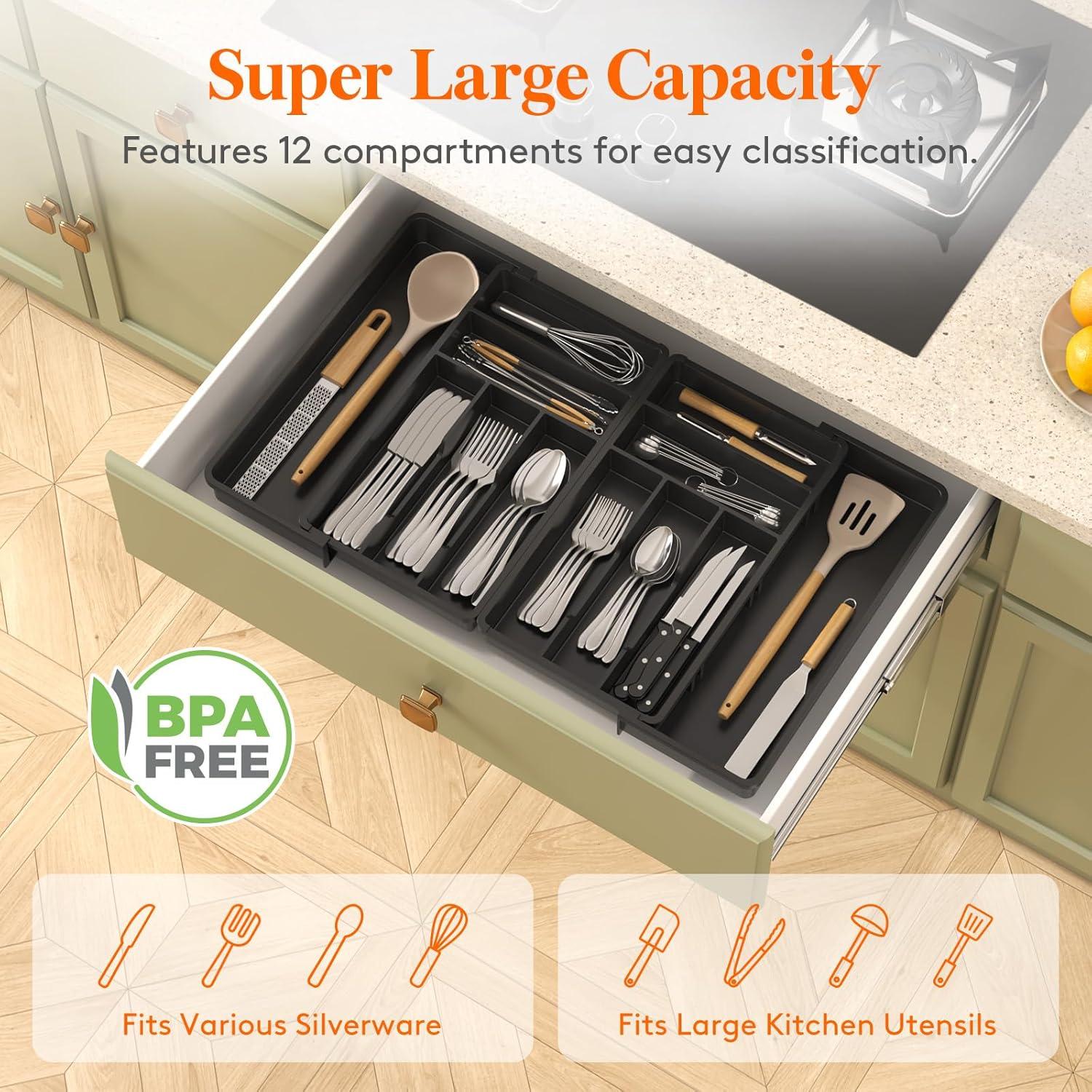 image:imageLifewit Silverware Drawer Organizer Expandable BPA Free Plastic Utensil Tray for Kitchen Adjustable Flatware Cutlery Holder for Spoons Forks Knives 21336 x 169 BlackBlack