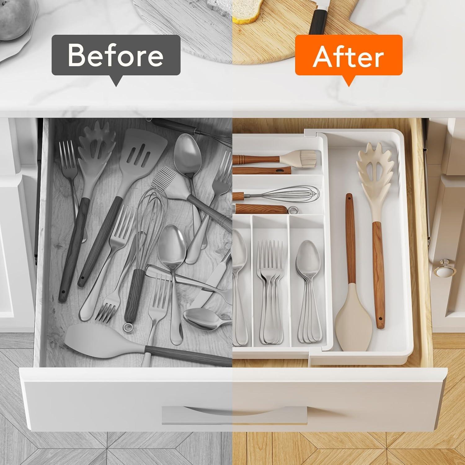 image:imageLifewit Silverware Drawer Organizer Expandable BPA Free Plastic Utensil Tray for Kitchen Adjustable Flatware Cutlery Holder for Spoons Forks Knives 21336 x 169 BlackWhite